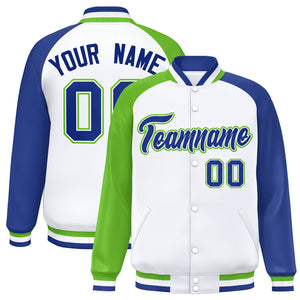 Custom White Royal-Green Varsity Full-Snap Authentic Raglan Sleeves Letterman Bomber Jacket