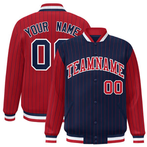 Custom Navy Red Raglan Sleeves Varsity Full-Snap Pinstripe Letterman Baseball Jacket