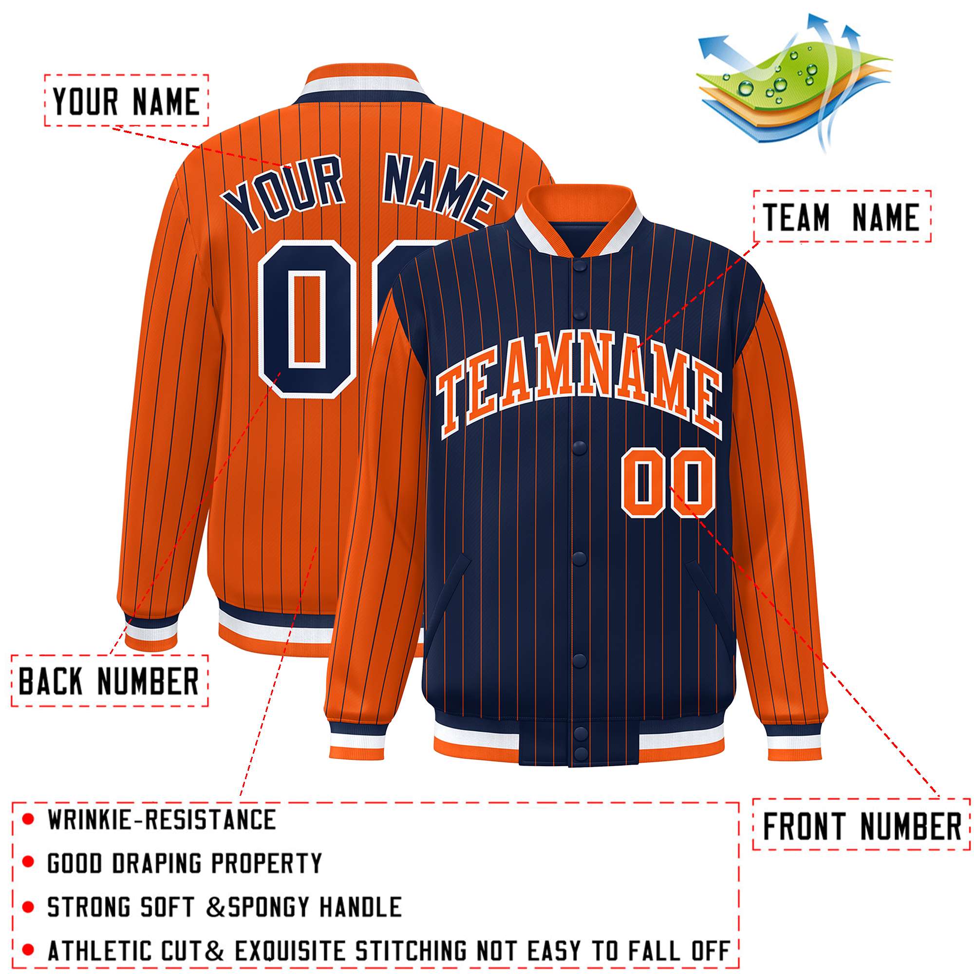 Custom Navy Orange Raglan Sleeves Varsity Full-Snap Pinstripe Letterman Baseball Jacket