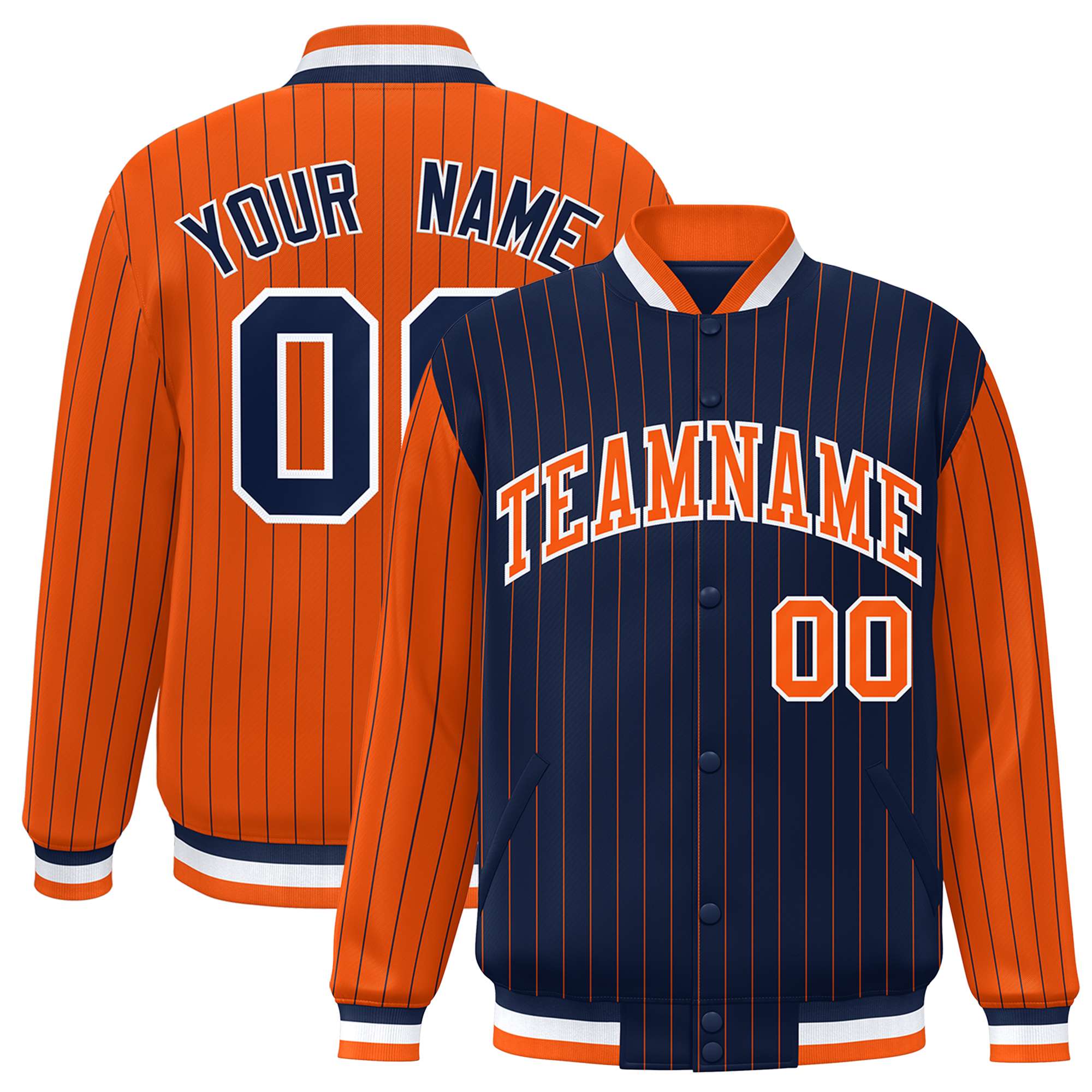 Custom Navy Orange Raglan Sleeves Varsity Full-Snap Pinstripe Letterman Baseball Jacket