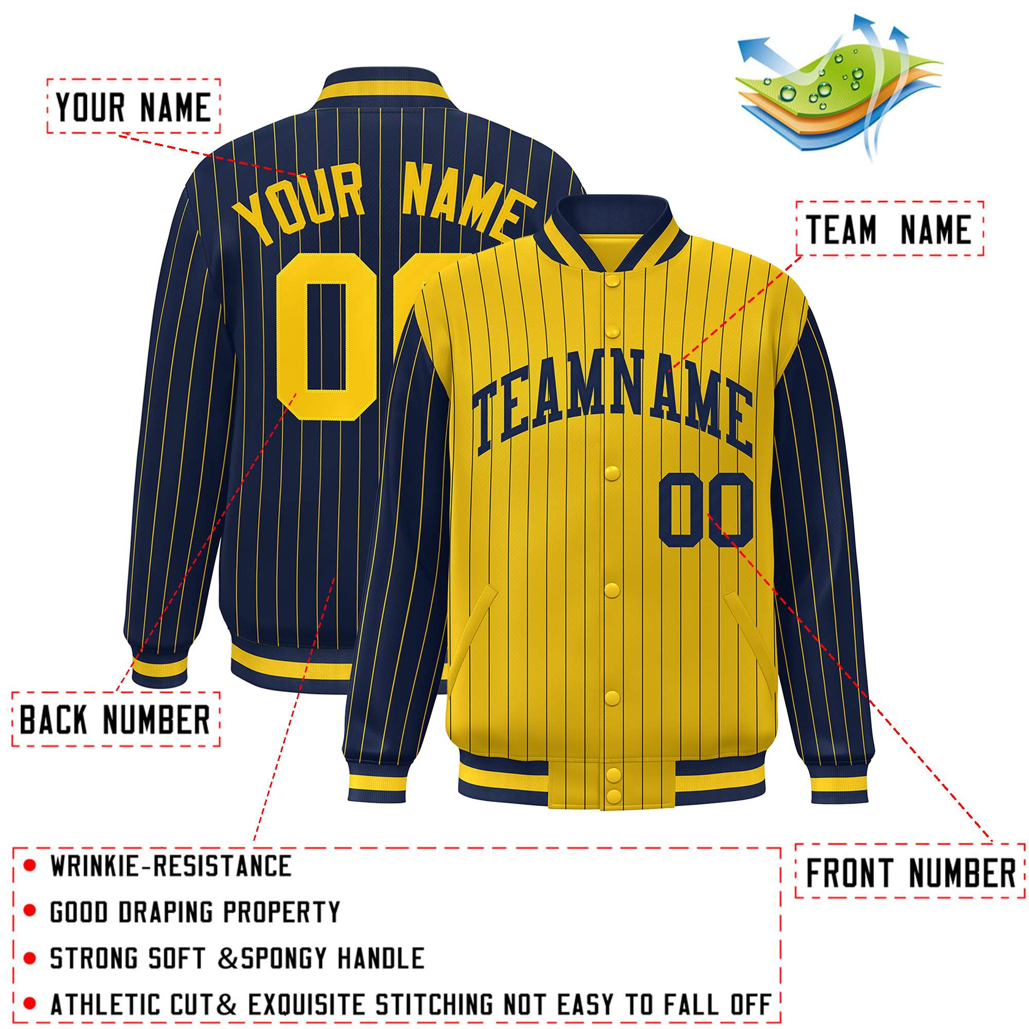 Custom Gold Navy Raglan Sleeves Varsity Full-Snap Pinstripe Letterman Baseball Jacket