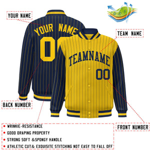 Custom Gold Navy Raglan Sleeves Varsity Full-Snap Pinstripe Letterman Baseball Jacket