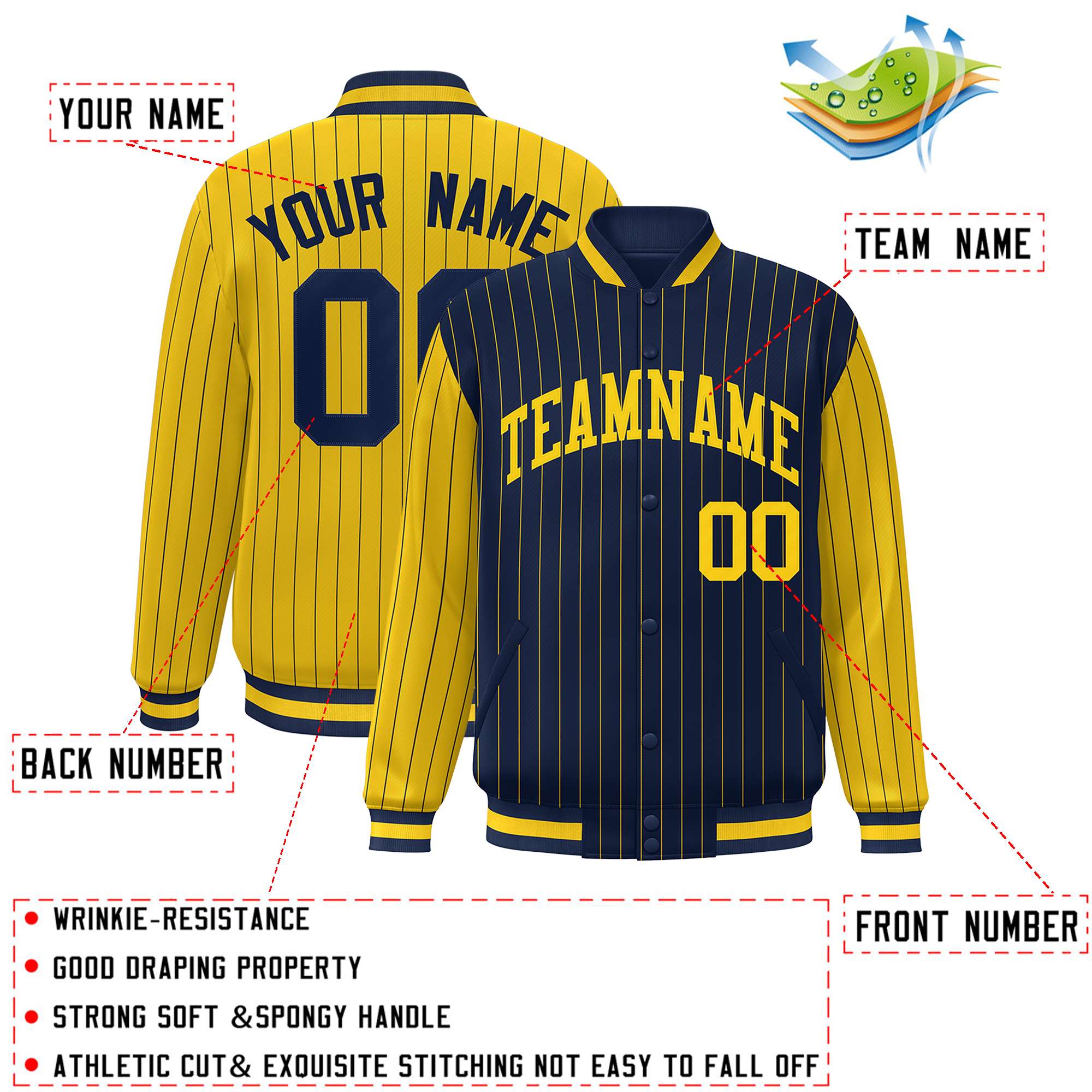 Custom Navy Gold Raglan Sleeves Varsity Full-Snap Pinstripe Letterman Baseball Jacket