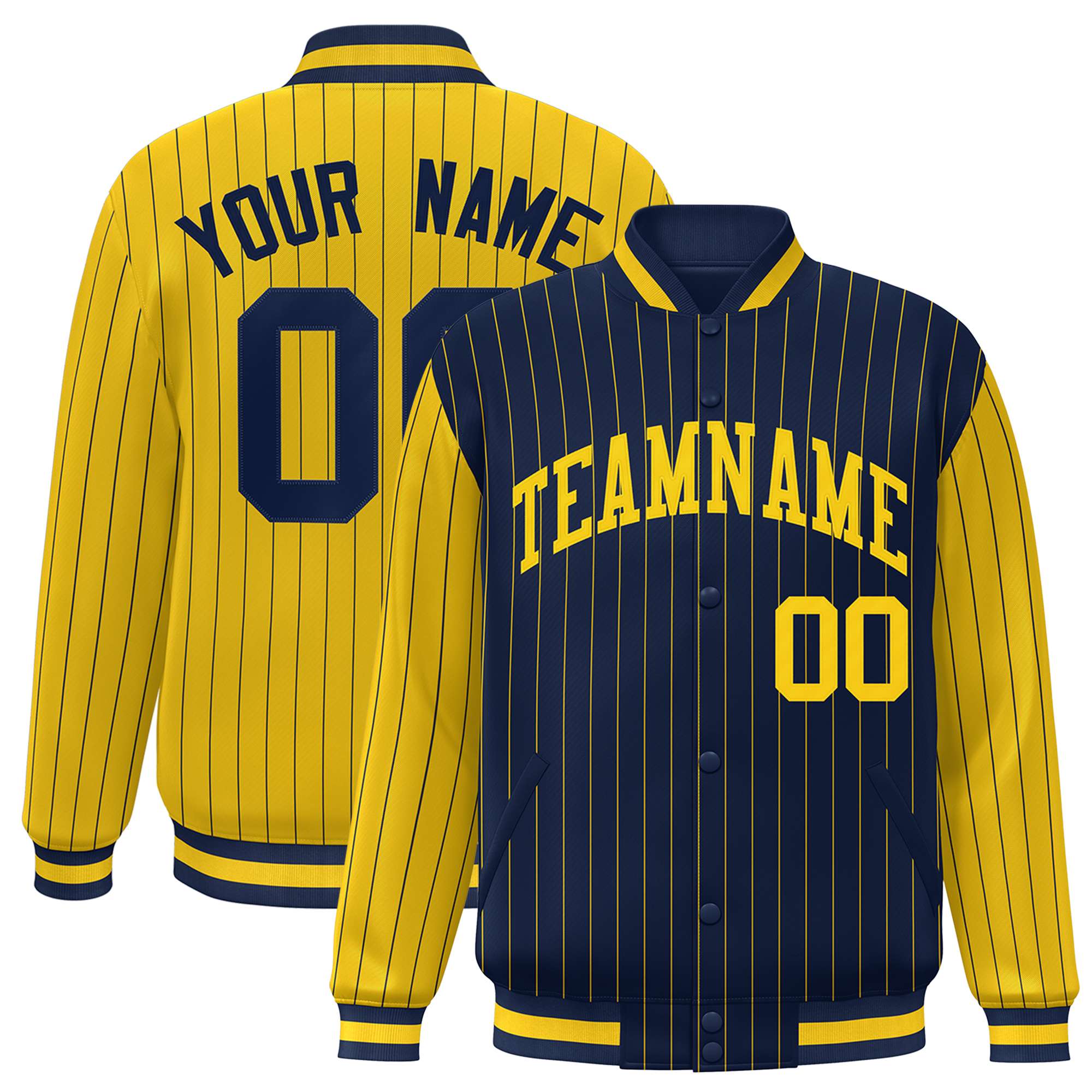 Custom Navy Gold Raglan Sleeves Varsity Full-Snap Pinstripe Letterman Baseball Jacket