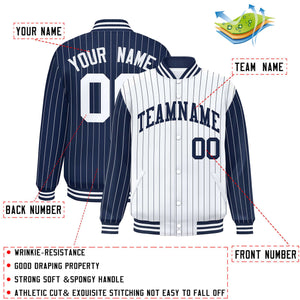 Custom White Navy Raglan Sleeves Varsity Full-Snap Pinstripe Letterman Baseball Jacket