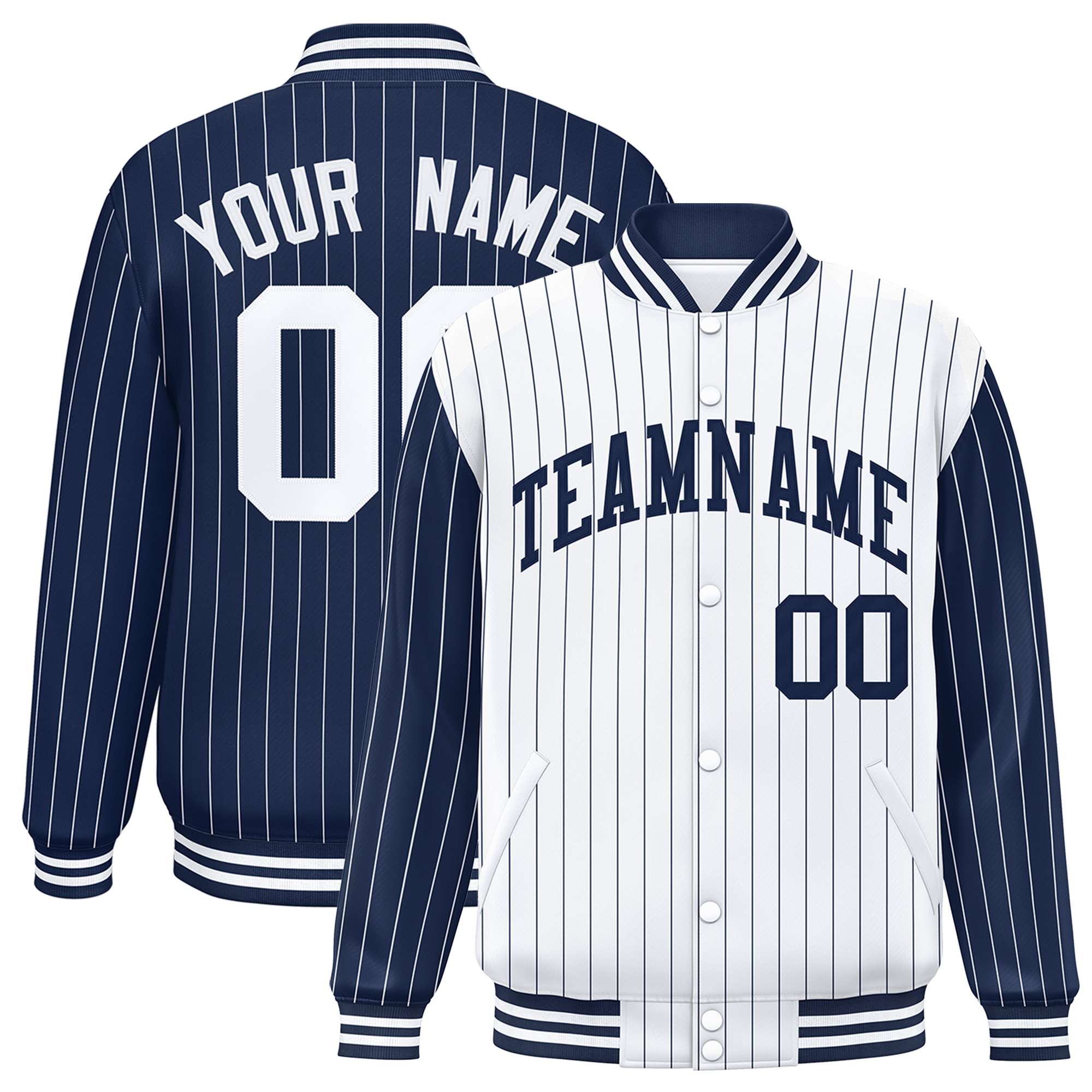 Custom White Navy Raglan Sleeves Varsity Full-Snap Pinstripe Letterman Baseball Jacket