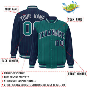 Custom Aqua Navy Raglan Sleeves Varsity Full-Snap Pinstripe Letterman Baseball Jacket