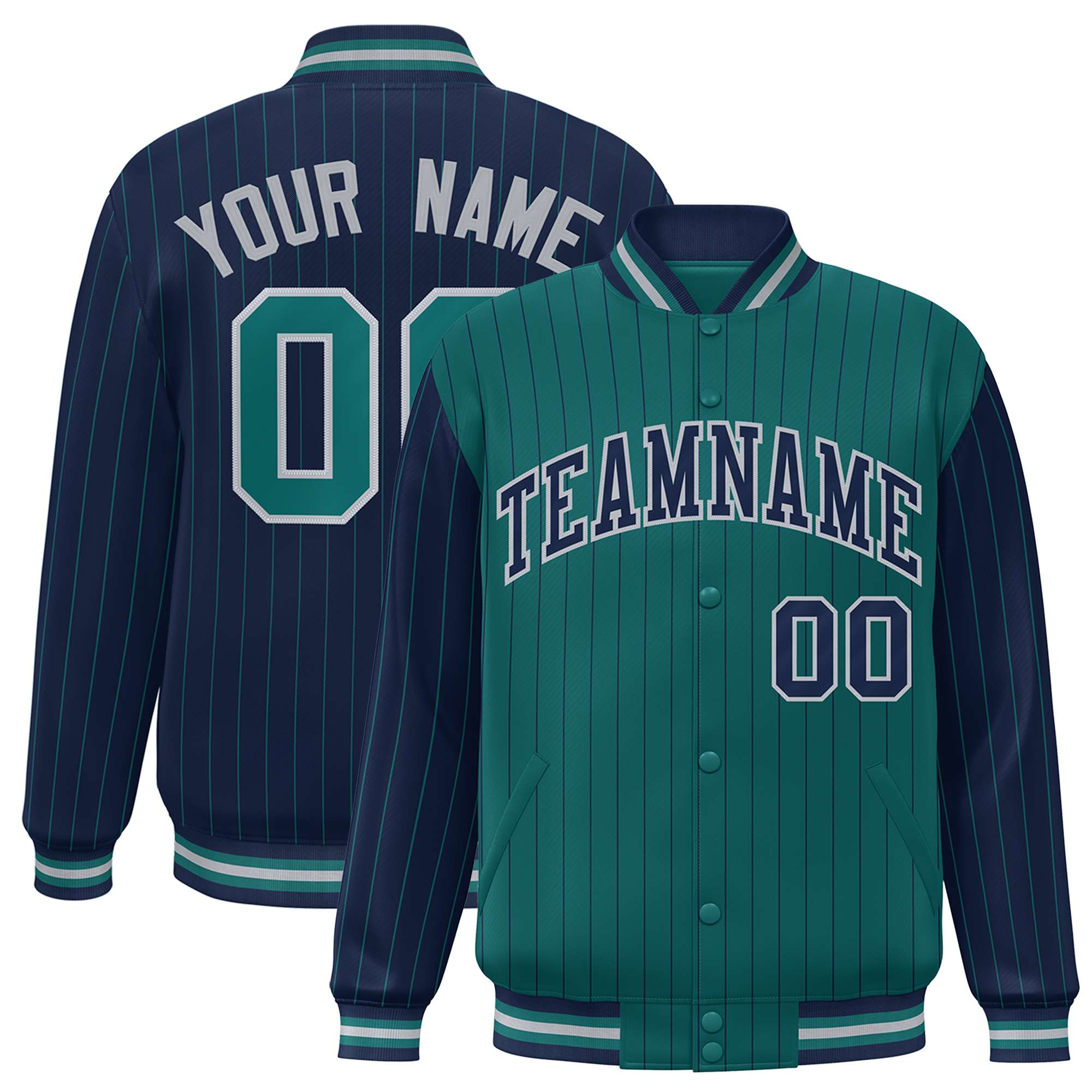 Custom Aqua Navy Raglan Sleeves Varsity Full-Snap Pinstripe Letterman Baseball Jacket