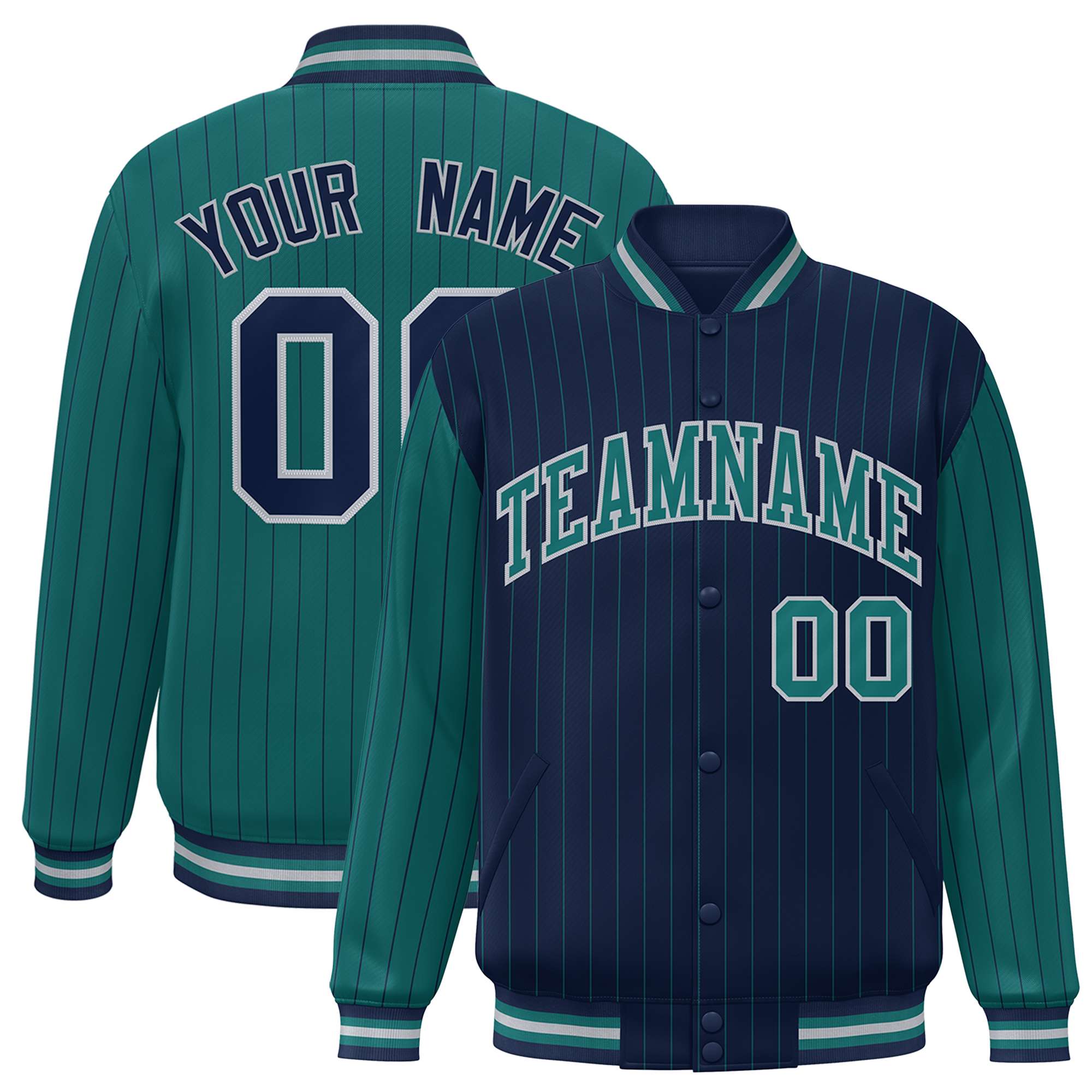 Custom Navy Aqua Raglan Sleeves Varsity Full-Snap Pinstripe Letterman Baseball Jacket