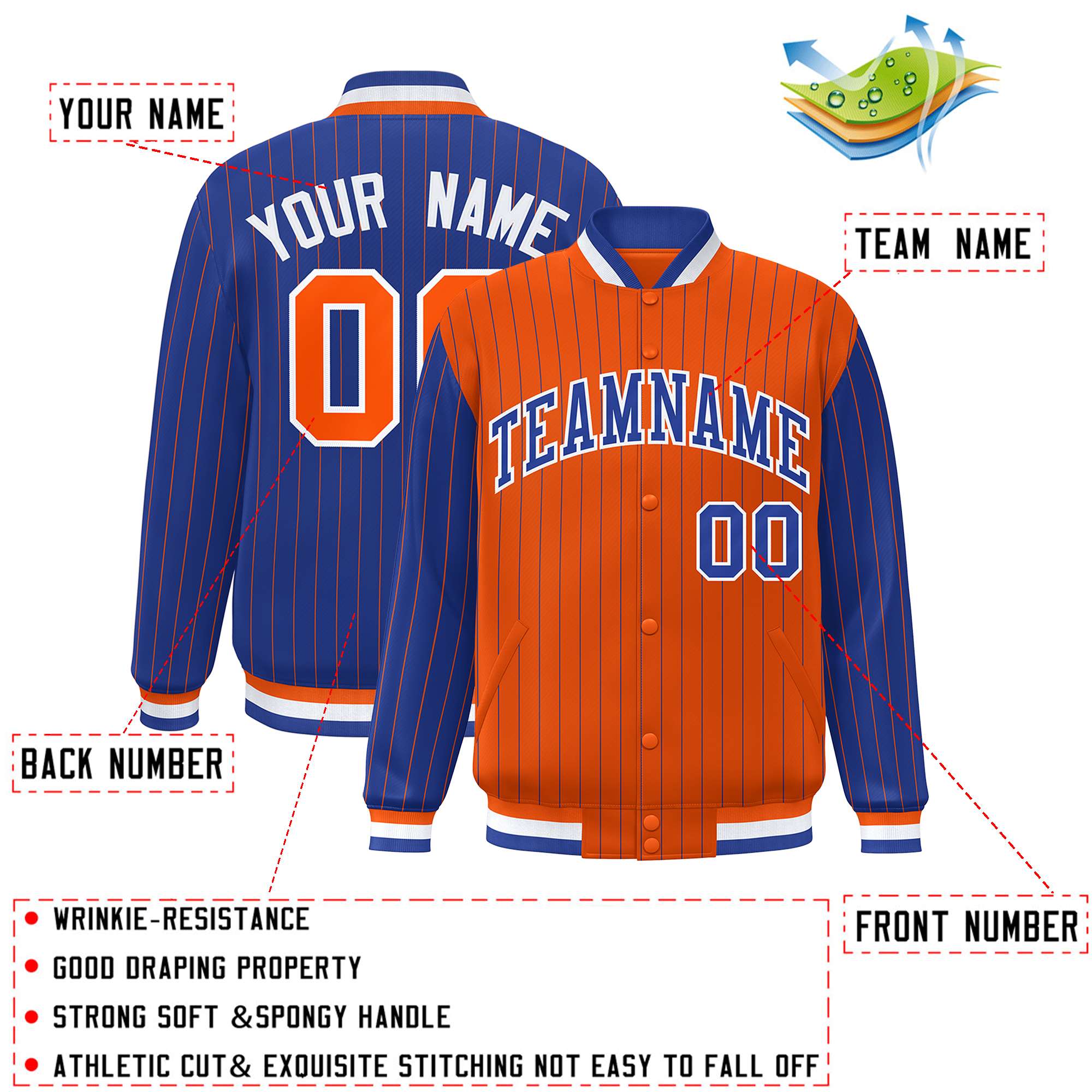 Custom Orange Royal Raglan Sleeves Varsity Full-Snap Pinstripe Letterman Baseball Jacket