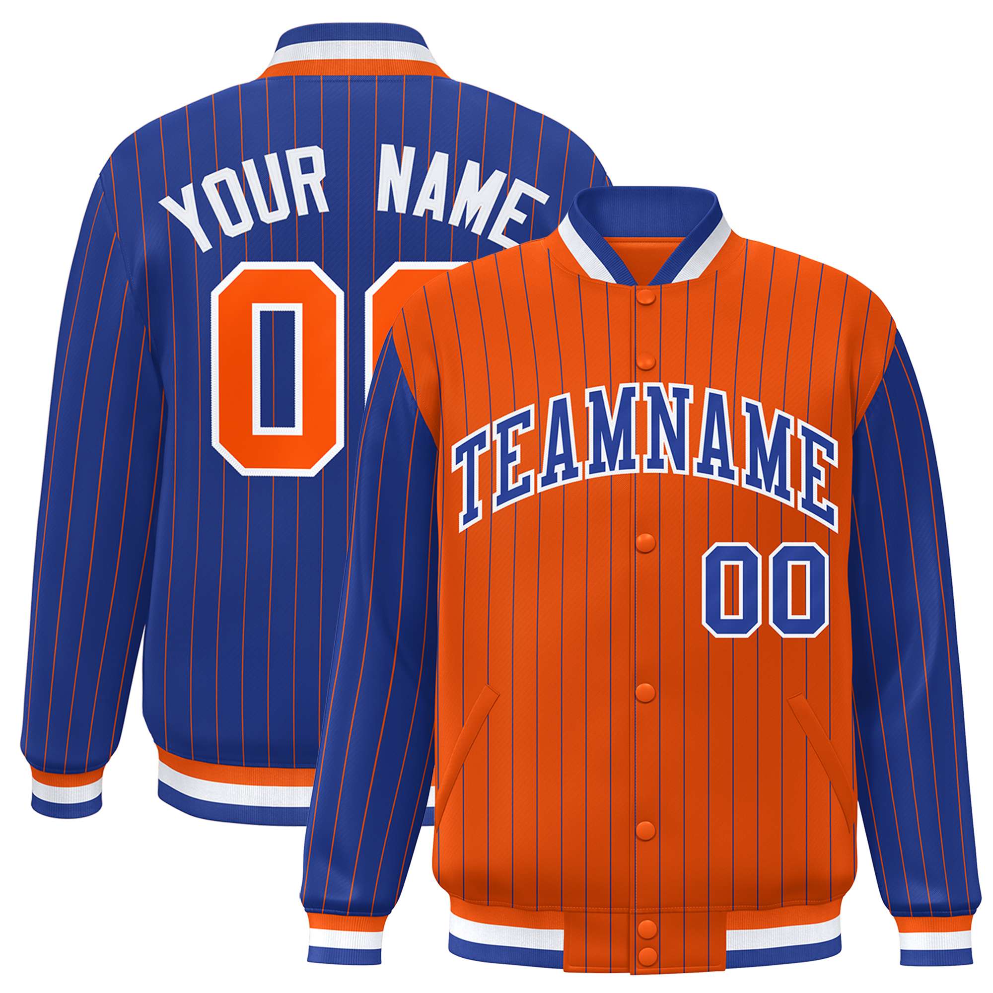 Custom Orange Royal Raglan Sleeves Varsity Full-Snap Pinstripe Letterman Baseball Jacket