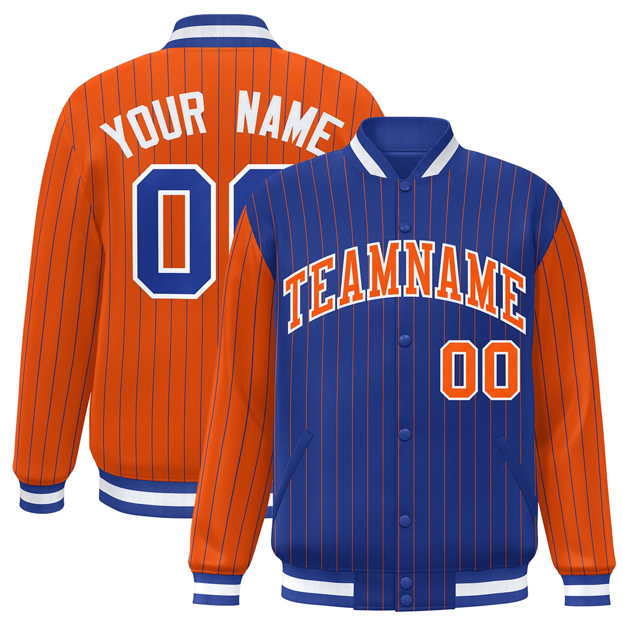 Custom Royal Orange Raglan Sleeves Varsity Full-Snap Pinstripe Letterman Baseball Jacket