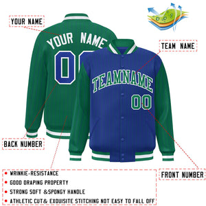 Custom Royal Kelly Green Raglan Sleeves Varsity Full-Snap Pinstripe Letterman Baseball Jacket