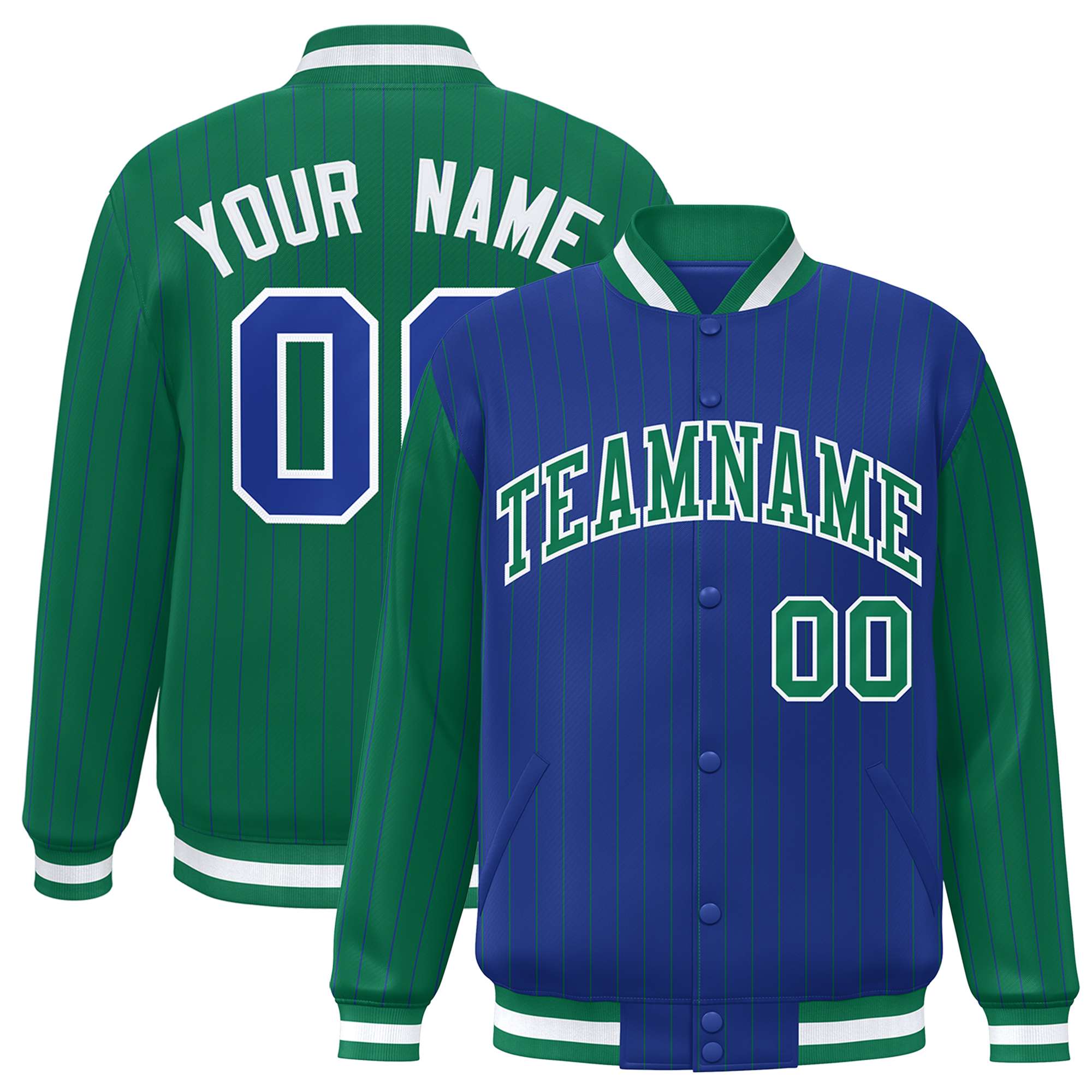 Custom Royal Kelly Green Raglan Sleeves Varsity Full-Snap Pinstripe Letterman Baseball Jacket