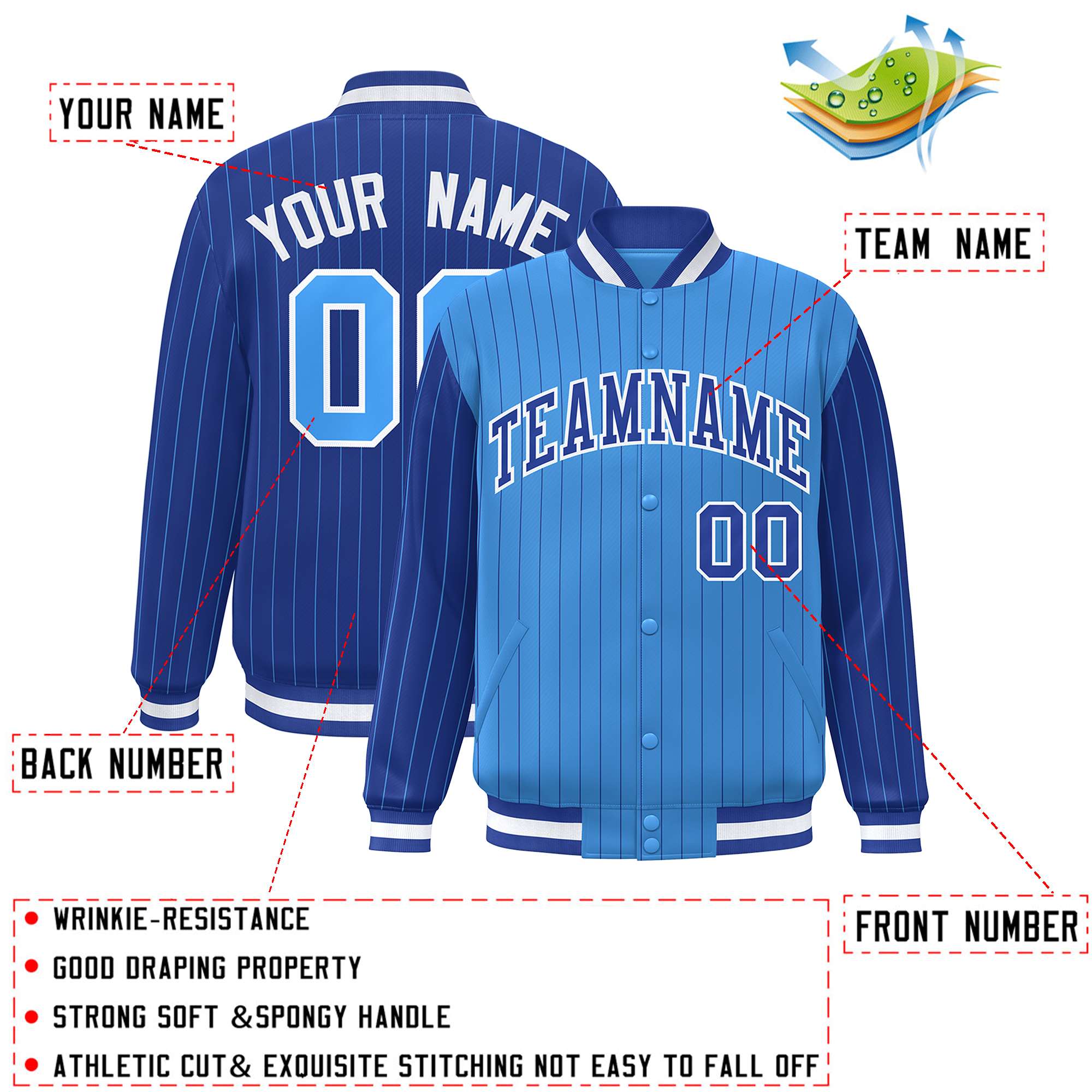 Custom Powder Blue Royal Raglan Sleeves Varsity Full-Snap Pinstripe Letterman Baseball Jacket