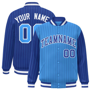 Custom Powder Blue Royal Raglan Sleeves Varsity Full-Snap Pinstripe Letterman Baseball Jacket