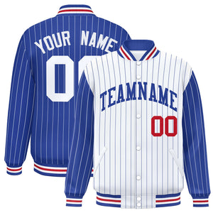 Custom White Royal Raglan Sleeves Varsity Full-Snap Pinstripe Letterman Baseball Jacket