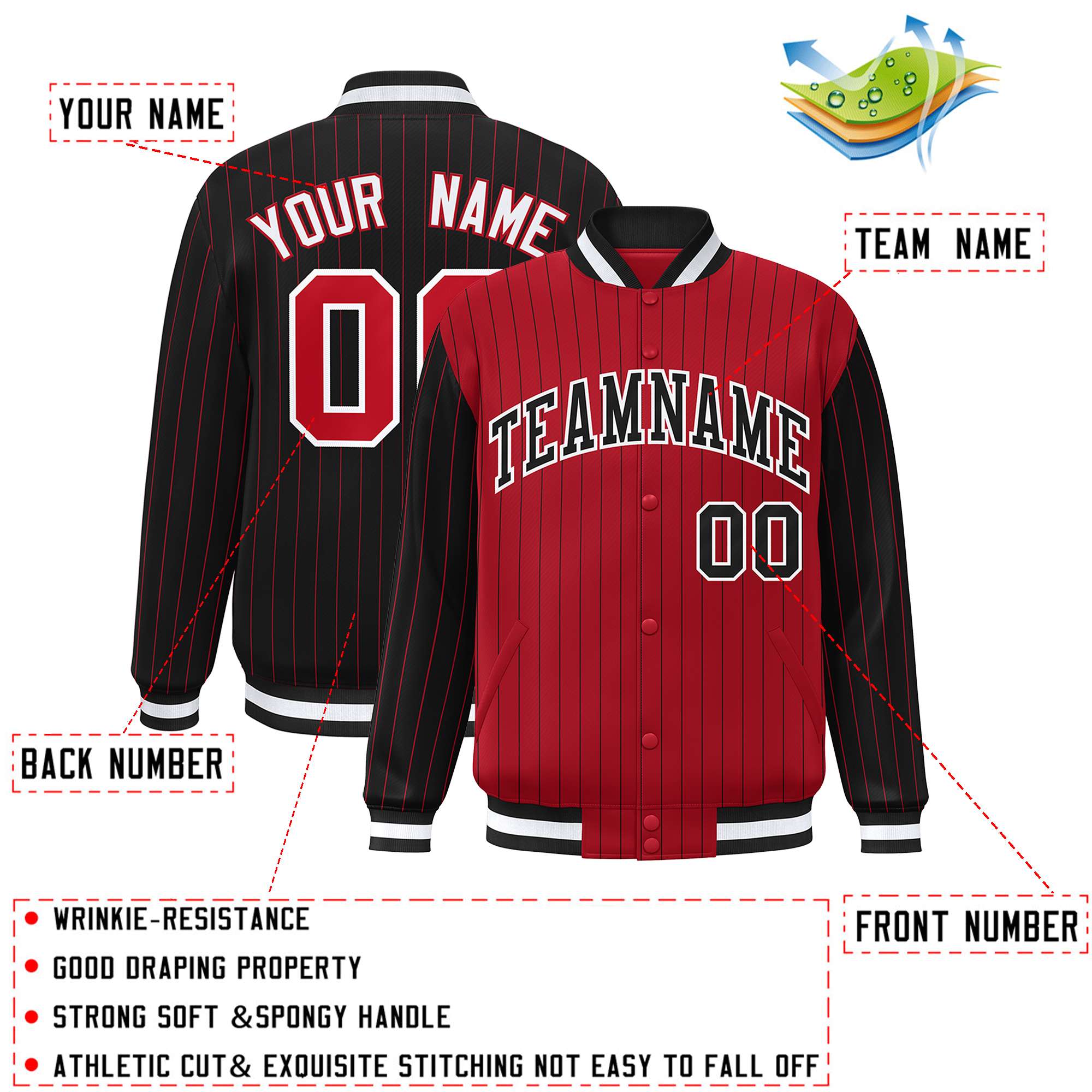 Custom Red Black Raglan Sleeves Varsity Full-Snap Pinstripe Letterman Baseball Jacket