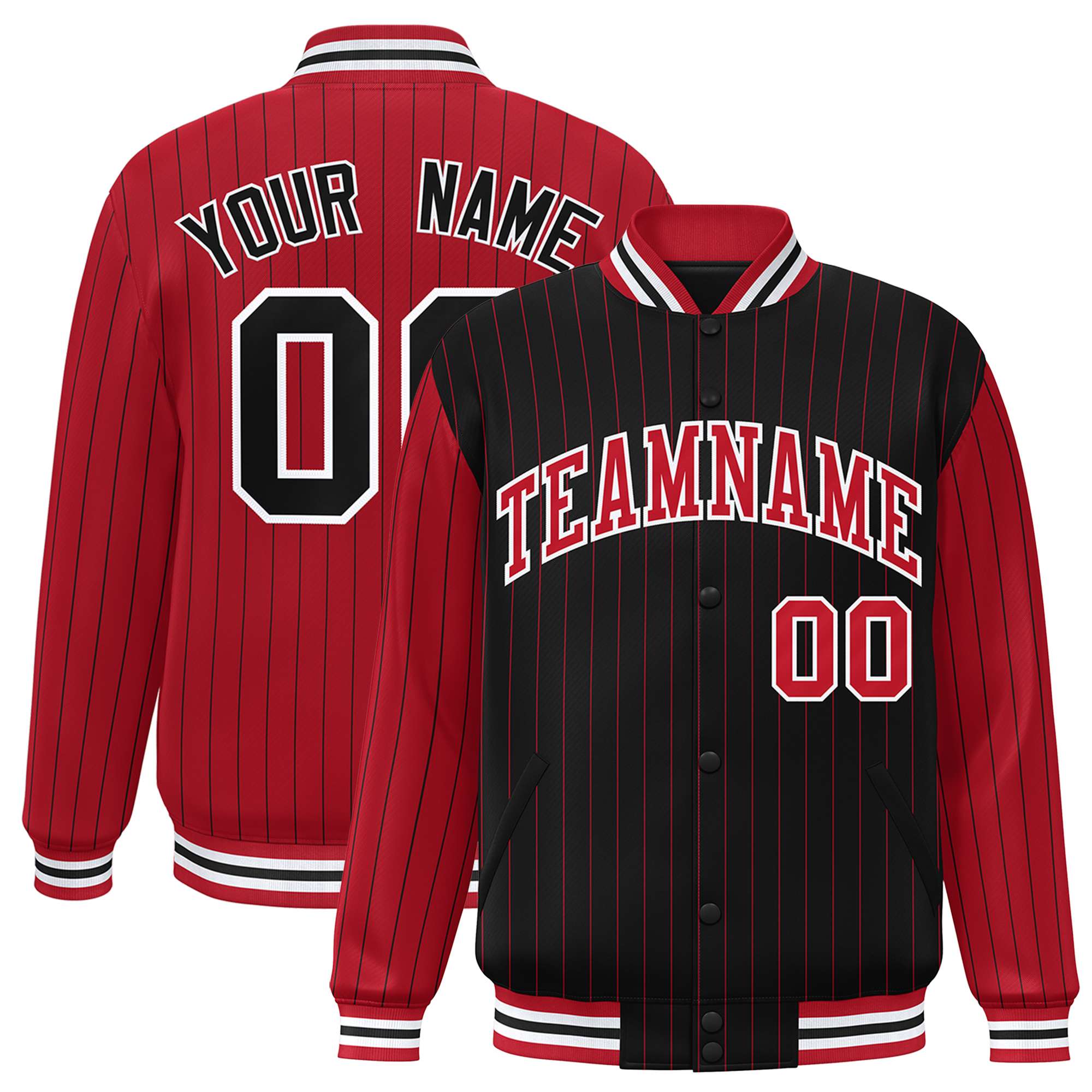 Custom Black Red Raglan Sleeves Varsity Full-Snap Pinstripe Letterman Baseball Jacket