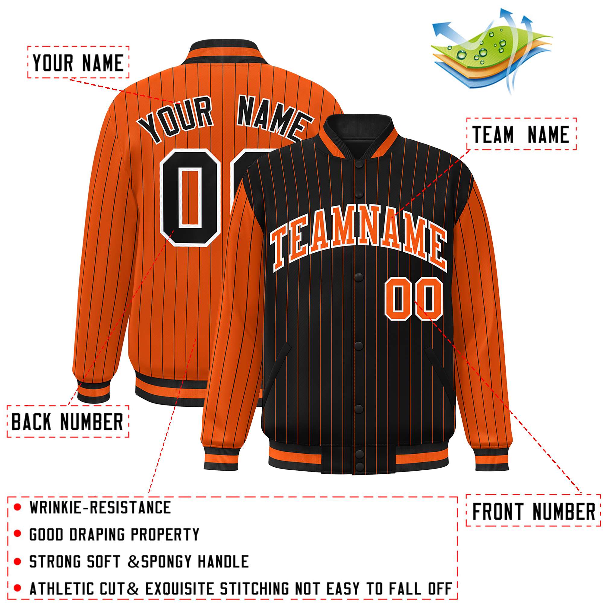 Custom Black Orange Raglan Sleeves Varsity Full-Snap Pinstripe Letterman Baseball Jacket