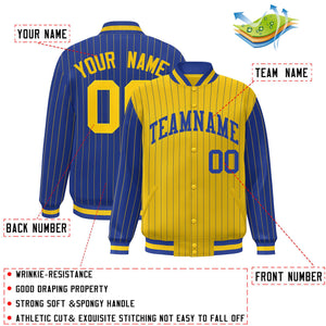 Custom Gold Royal Raglan Sleeves Varsity Full-Snap Pinstripe Letterman Baseball Jacket