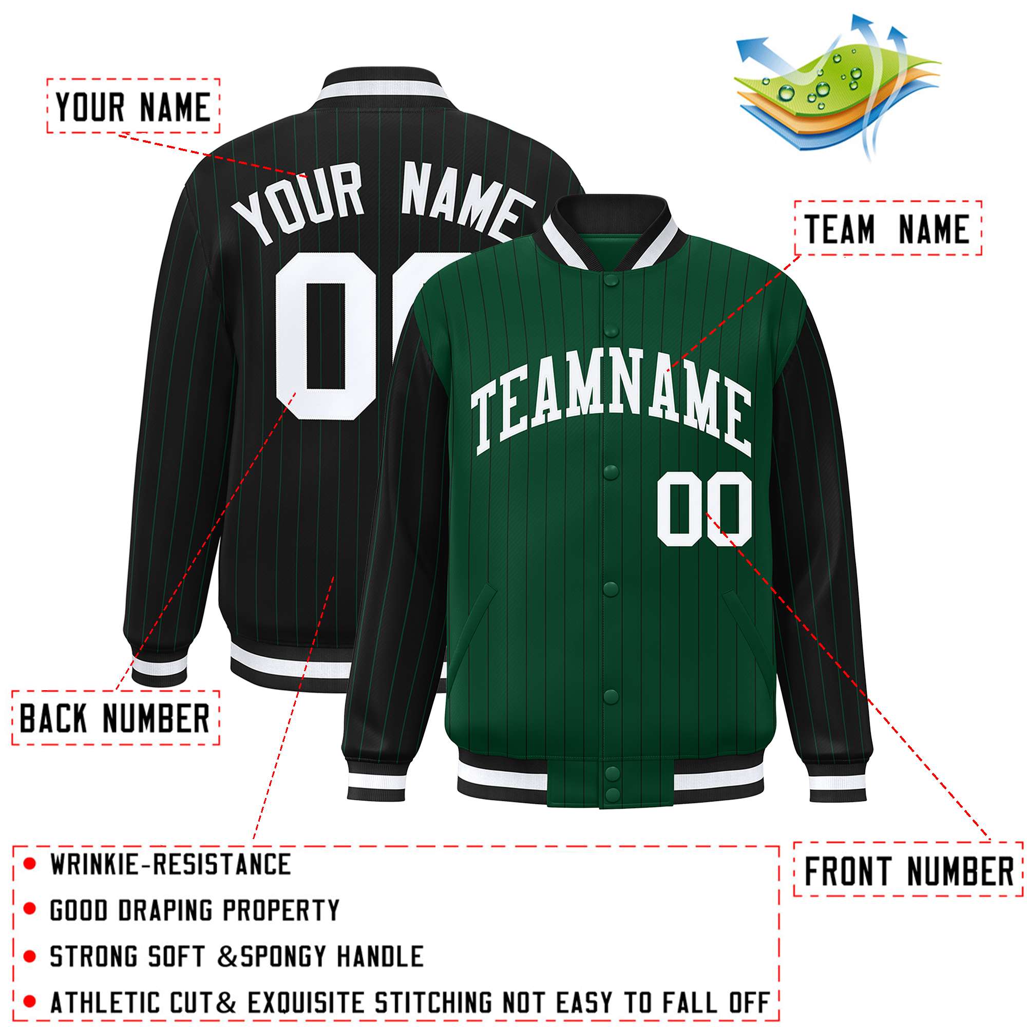 Custom Green Black Raglan Sleeves Varsity Full-Snap Pinstripe Letterman Baseball Jacket