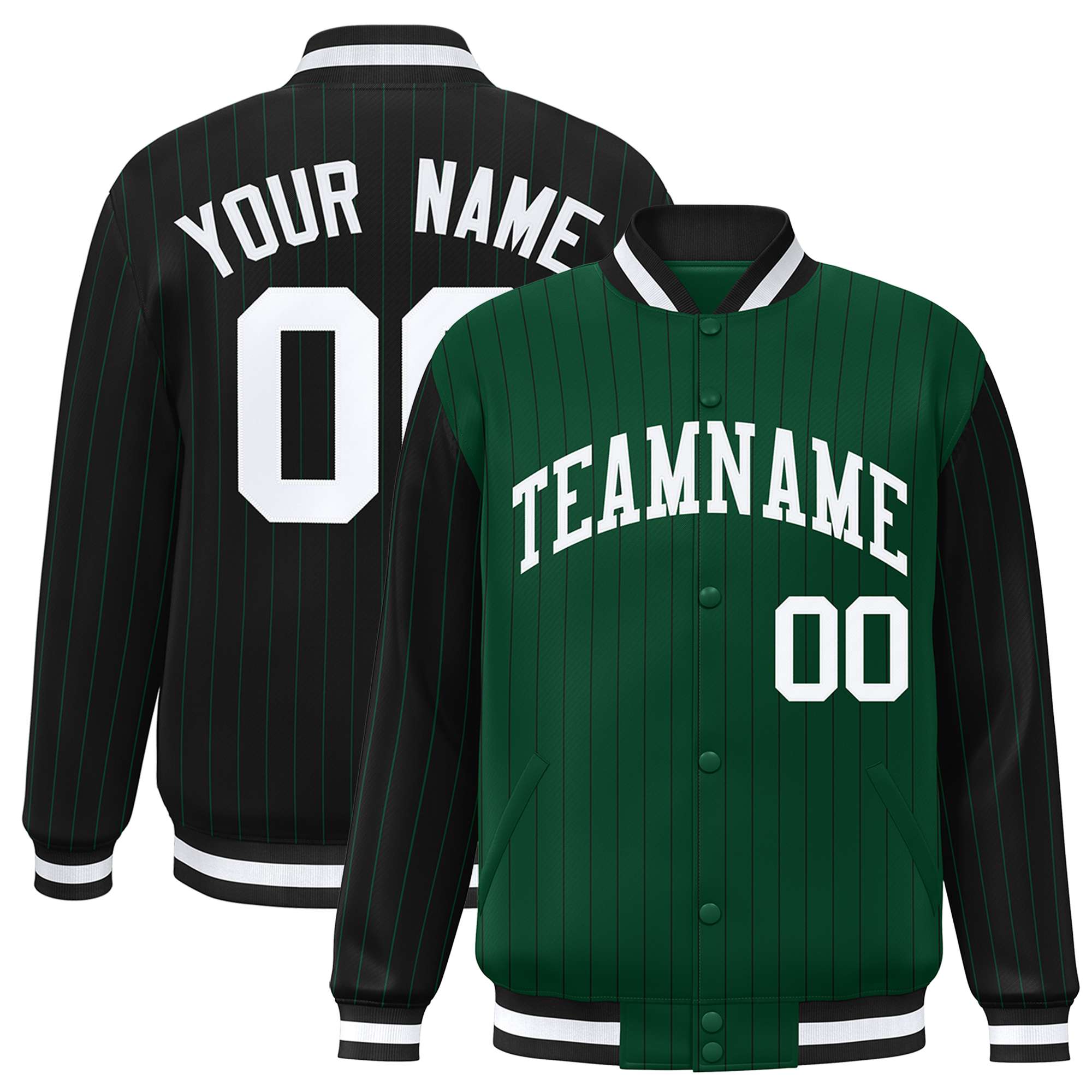 Custom Green Black Raglan Sleeves Varsity Full-Snap Pinstripe Letterman Baseball Jacket