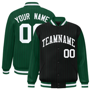 Custom Black Green Raglan Sleeves Varsity Full-Snap Pinstripe Letterman Baseball Jacket