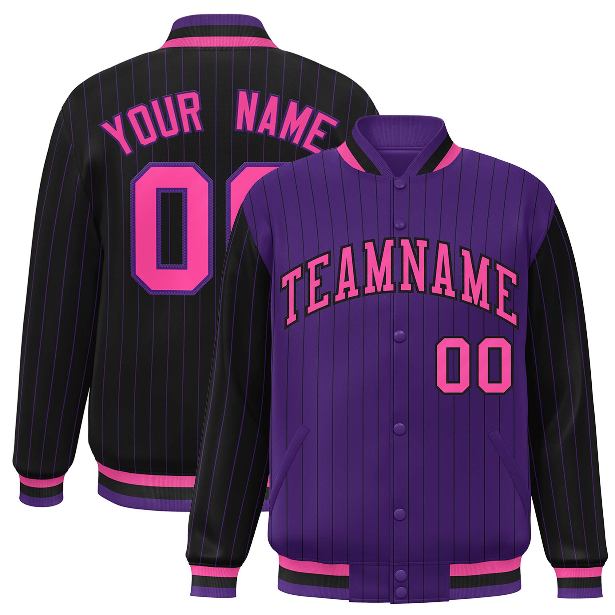 Custom Purple Black Raglan Sleeves Varsity Full-Snap Pinstripe Letterman Baseball Jacket