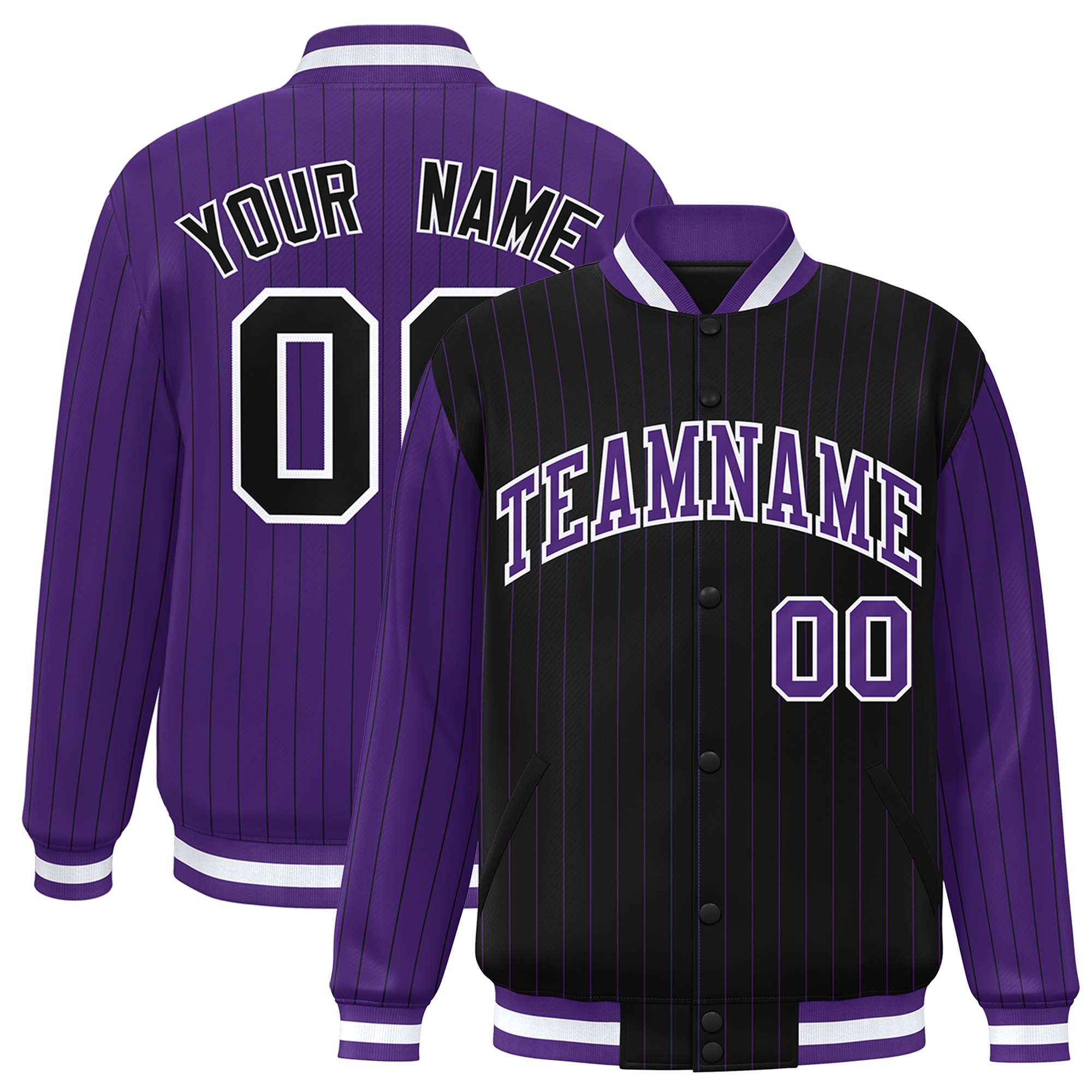 Custom Black Purple Raglan Sleeves Varsity Full-Snap Pinstripe Letterman Baseball Jacket