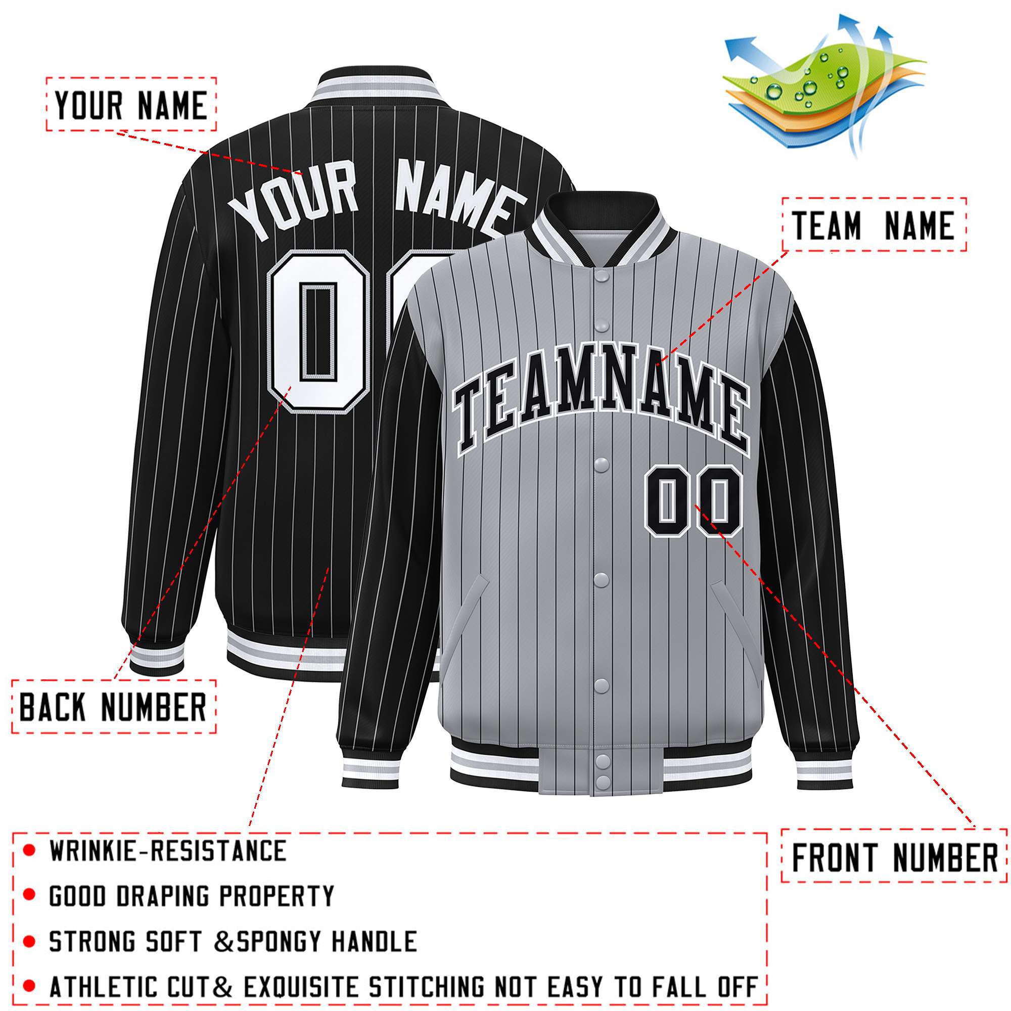 Custom Gray Black Raglan Sleeves Varsity Full-Snap Pinstripe Letterman Baseball Jacket