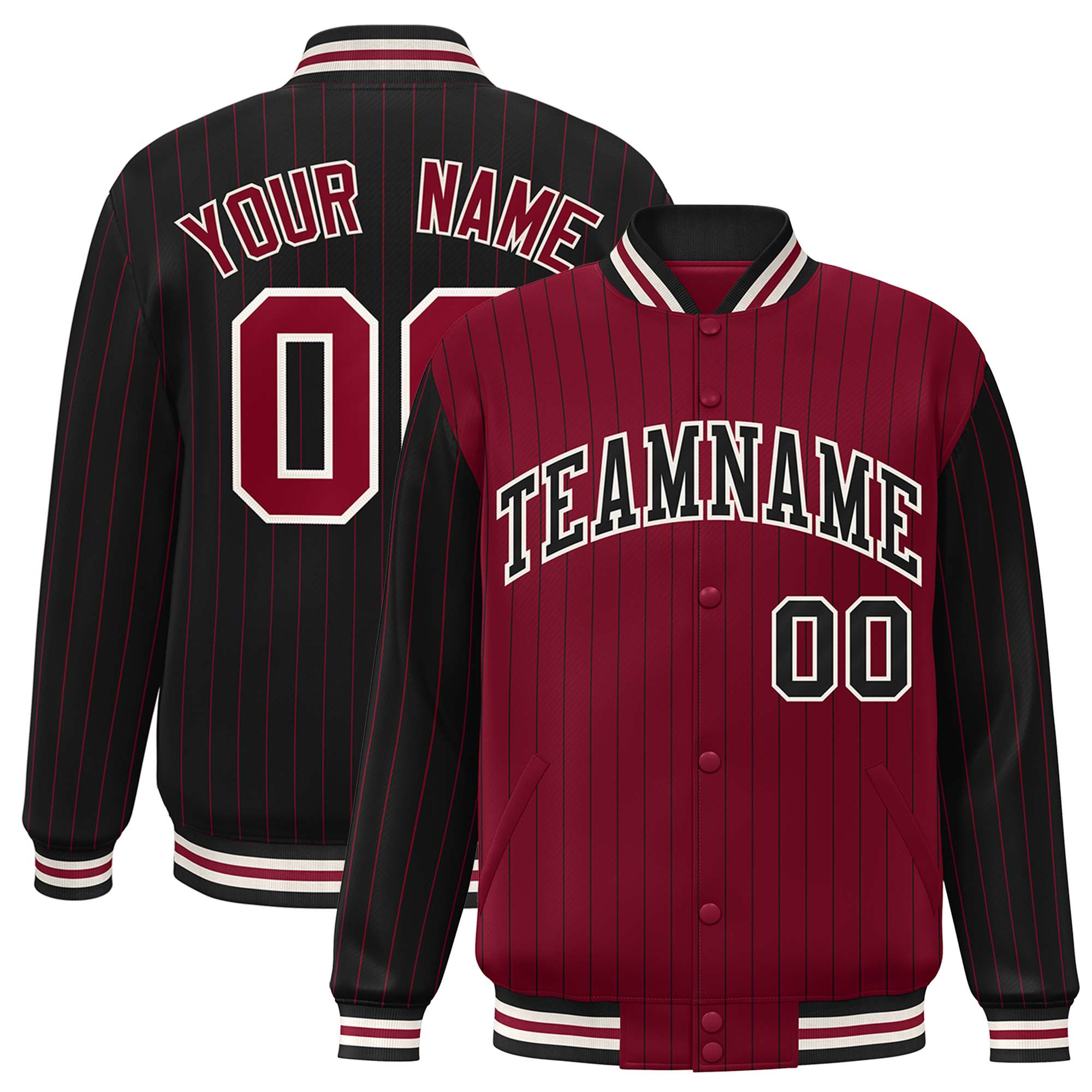 Custom Crimson Black Raglan Sleeves Varsity Full-Snap Pinstripe Letterman Baseball Jacket