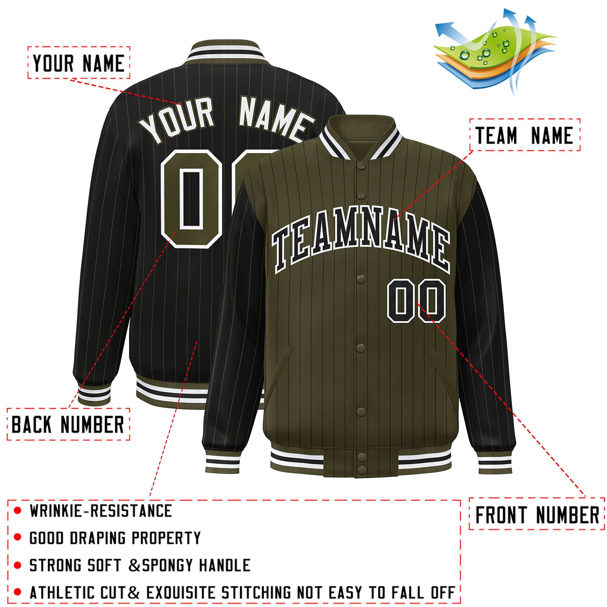 Custom Olive Black Raglan Sleeves Varsity Full-Snap Pinstripe Letterman Baseball Jacket