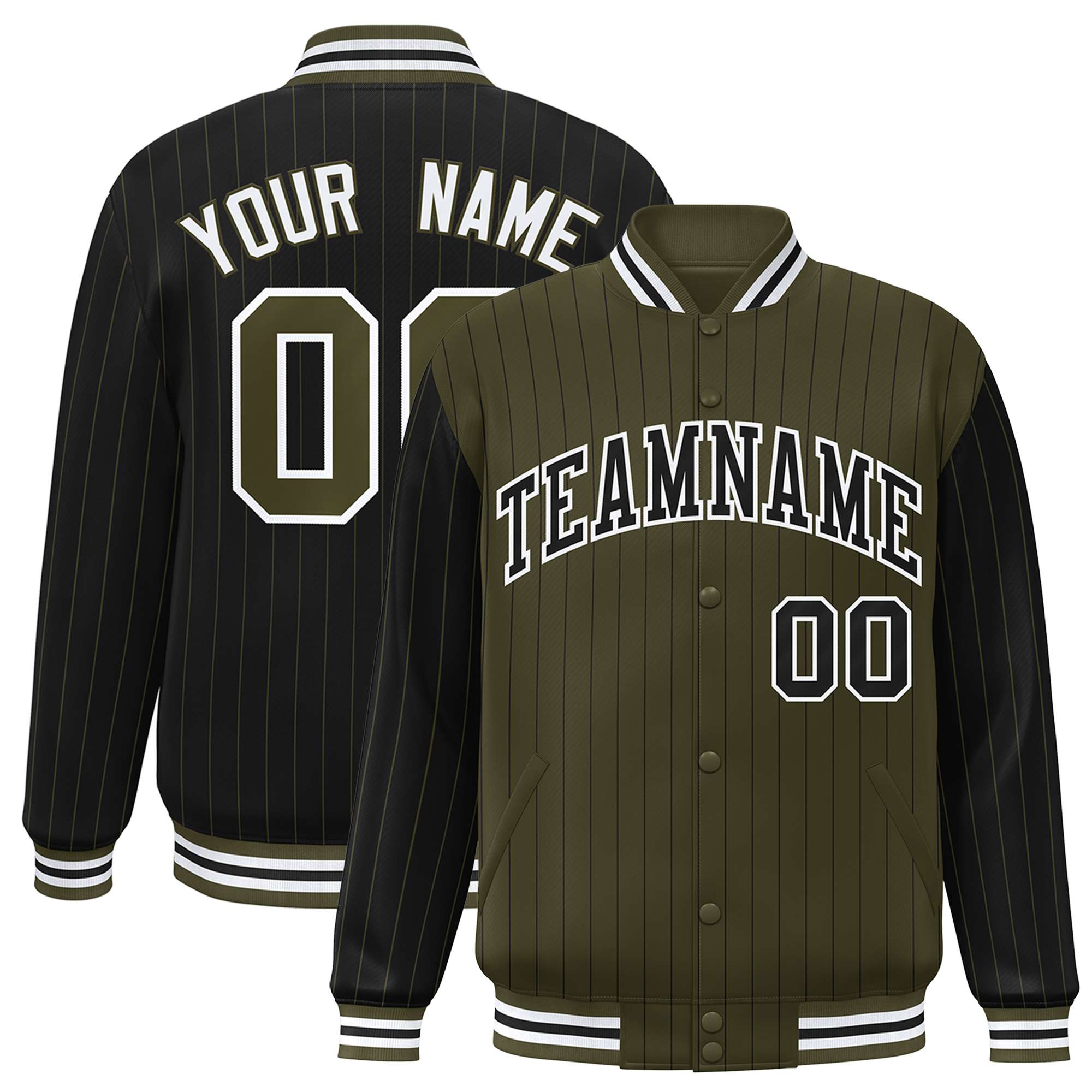 Custom Olive Black Raglan Sleeves Varsity Full-Snap Pinstripe Letterman Baseball Jacket