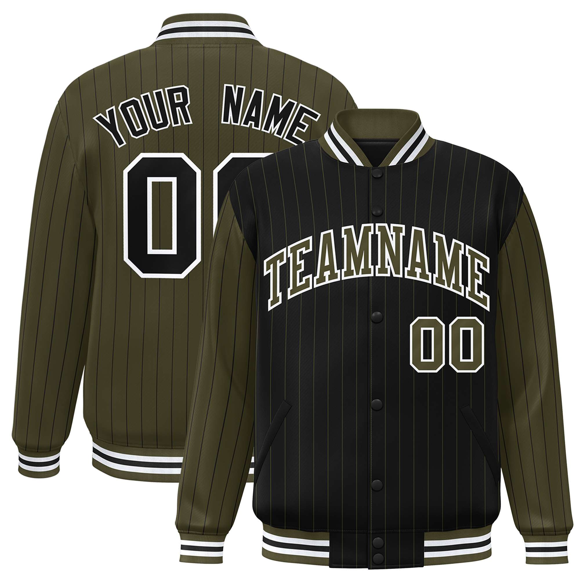 Custom Black Olive Raglan Sleeves Varsity Full-Snap Pinstripe Letterman Baseball Jacket