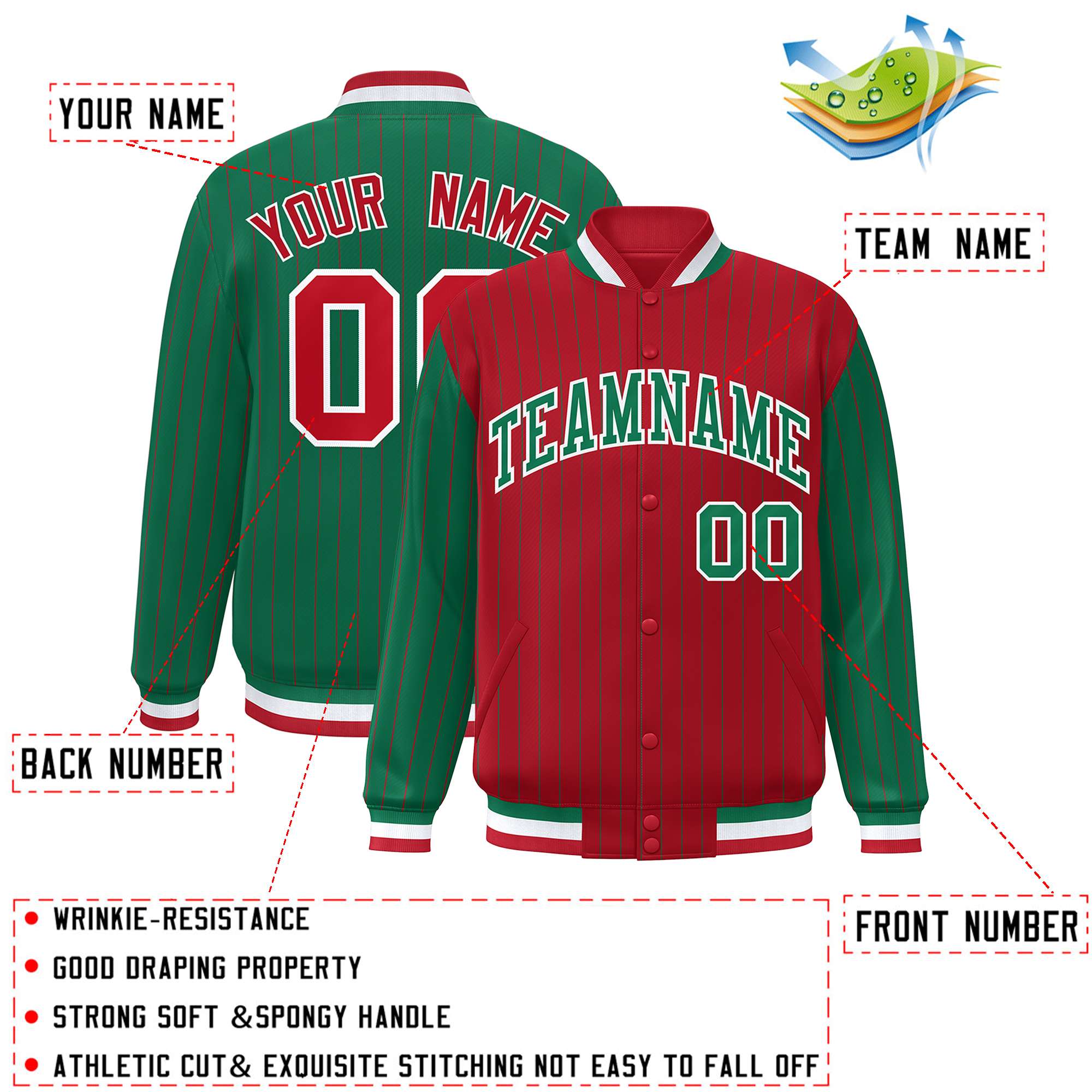 Custom Red Kelly Green Raglan Sleeves Varsity Full-Snap Pinstripe Letterman Baseball Jacket