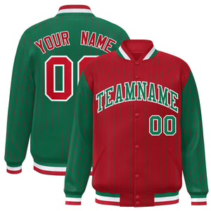 Custom Red Kelly Green Raglan Sleeves Varsity Full-Snap Pinstripe Letterman Baseball Jacket