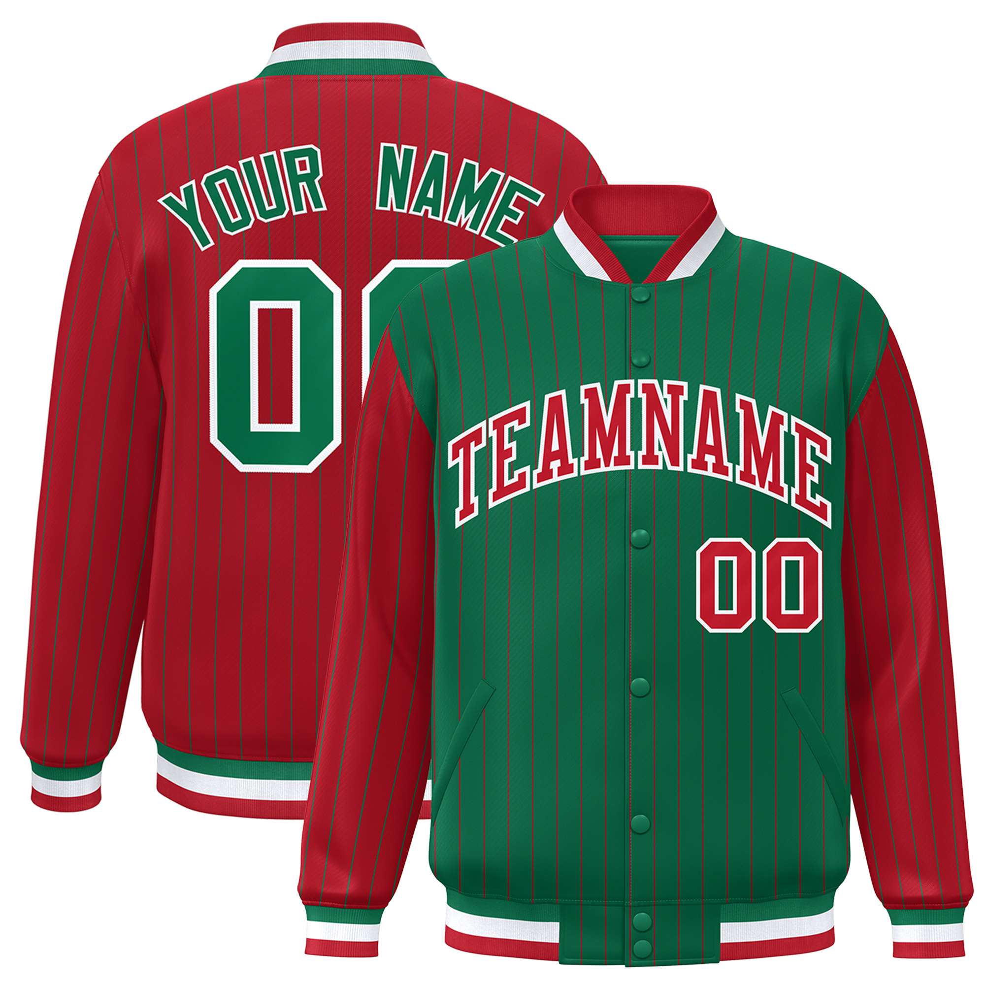 Custom Kelly Green Red Raglan Sleeves Varsity Full-Snap Pinstripe Letterman Baseball Jacket