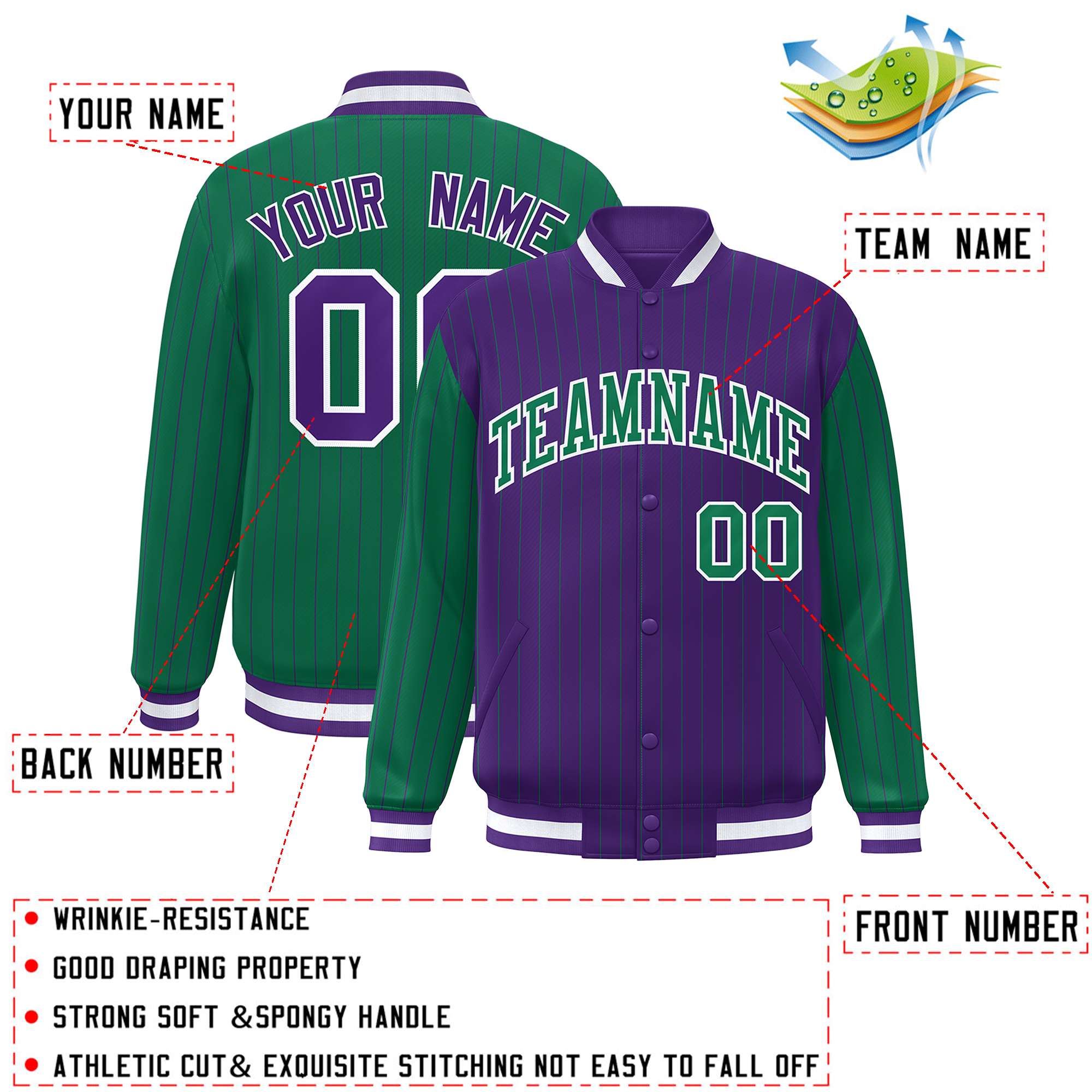 Custom Purple Kelly Green Raglan Sleeves Varsity Full-Snap Pinstripe Letterman Baseball Jacket