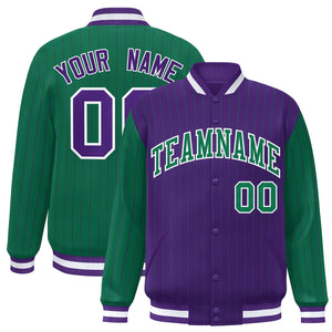 Custom Purple Kelly Green Raglan Sleeves Varsity Full-Snap Pinstripe Letterman Baseball Jacket