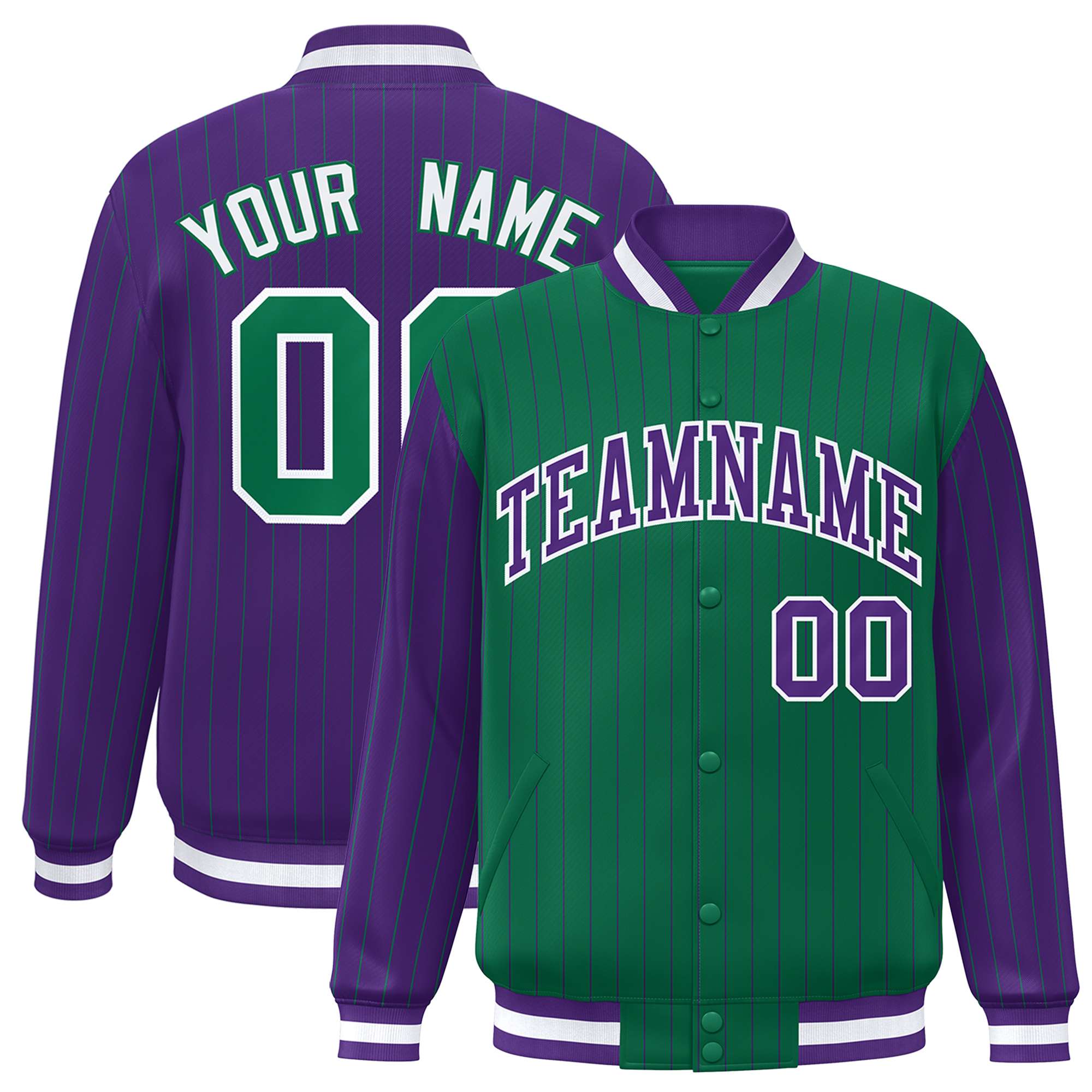 Custom Kelly Green Purple Raglan Sleeves Varsity Full-Snap Pinstripe Letterman Baseball Jacket