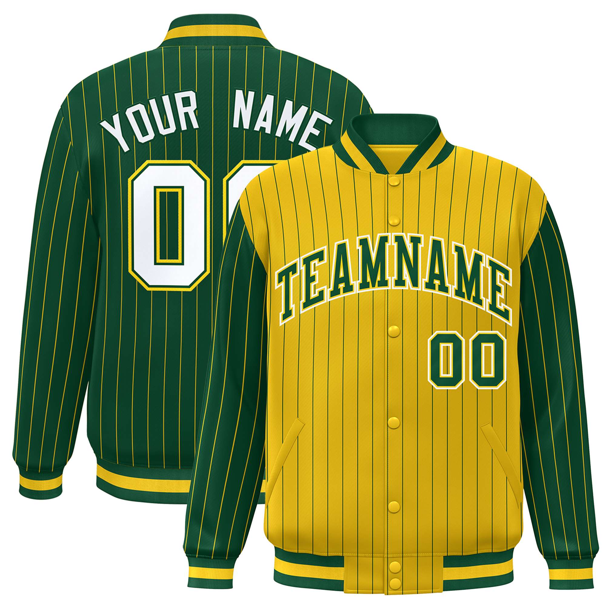 Custom Gold Green Raglan Sleeves Varsity Full-Snap Pinstripe Letterman Baseball Jacket