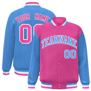 Custom Pink Powder Blue Raglan Sleeves Varsity Full-Snap Pinstripe Letterman Baseball Jacket