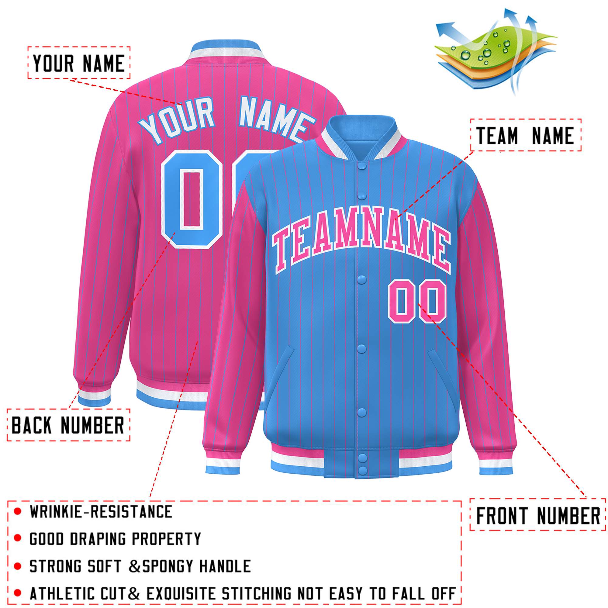 Custom Powder Blue Pink Raglan Sleeves Varsity Full-Snap Pinstripe Letterman Baseball Jacket