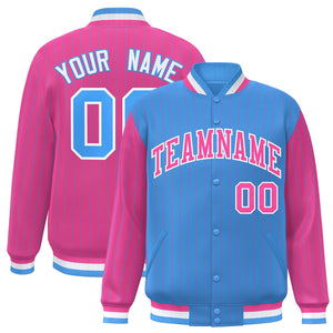 Custom Powder Blue Pink Raglan Sleeves Varsity Full-Snap Pinstripe Letterman Baseball Jacket