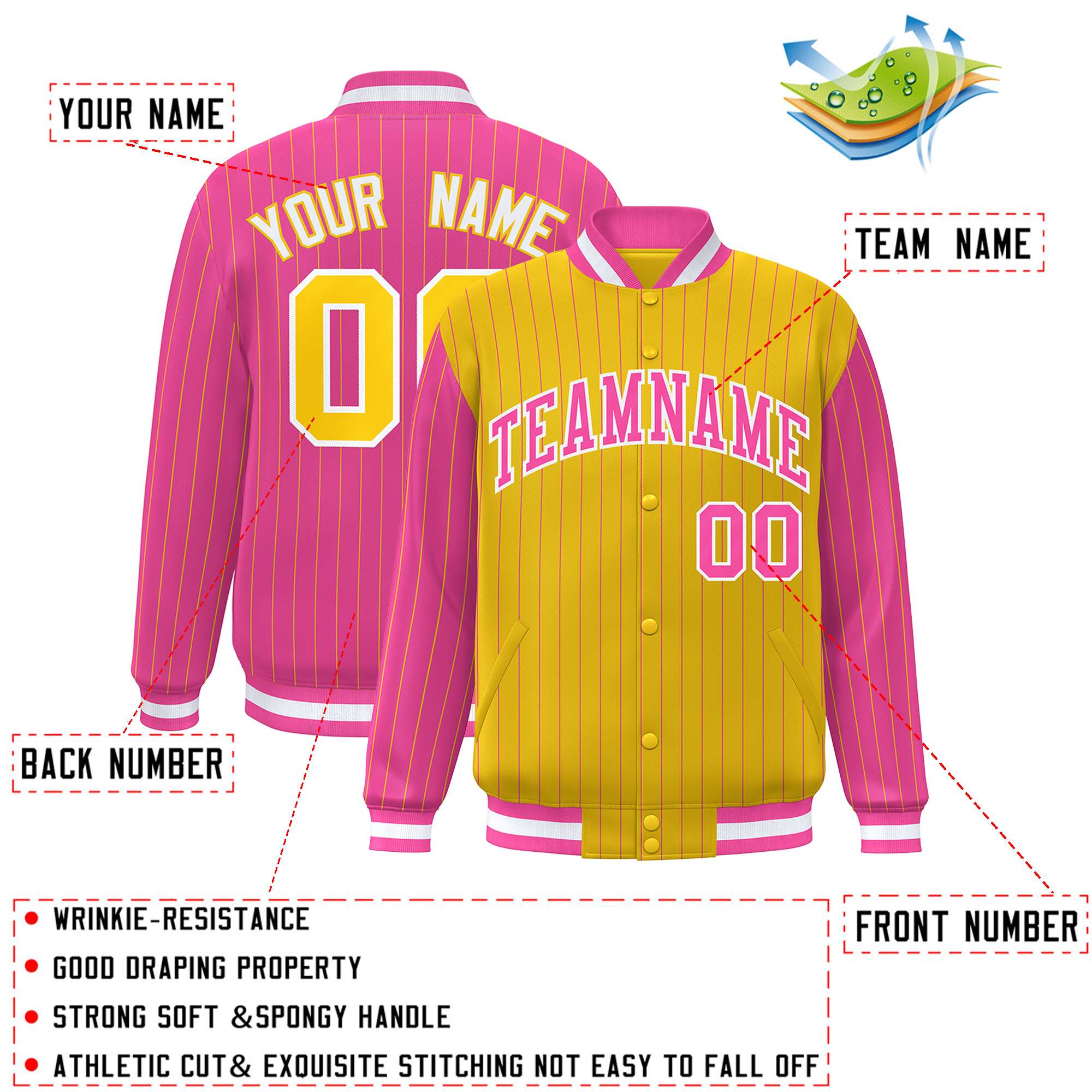 Custom Gold Pink Raglan Sleeves Varsity Full-Snap Pinstripe Letterman Baseball Jacket