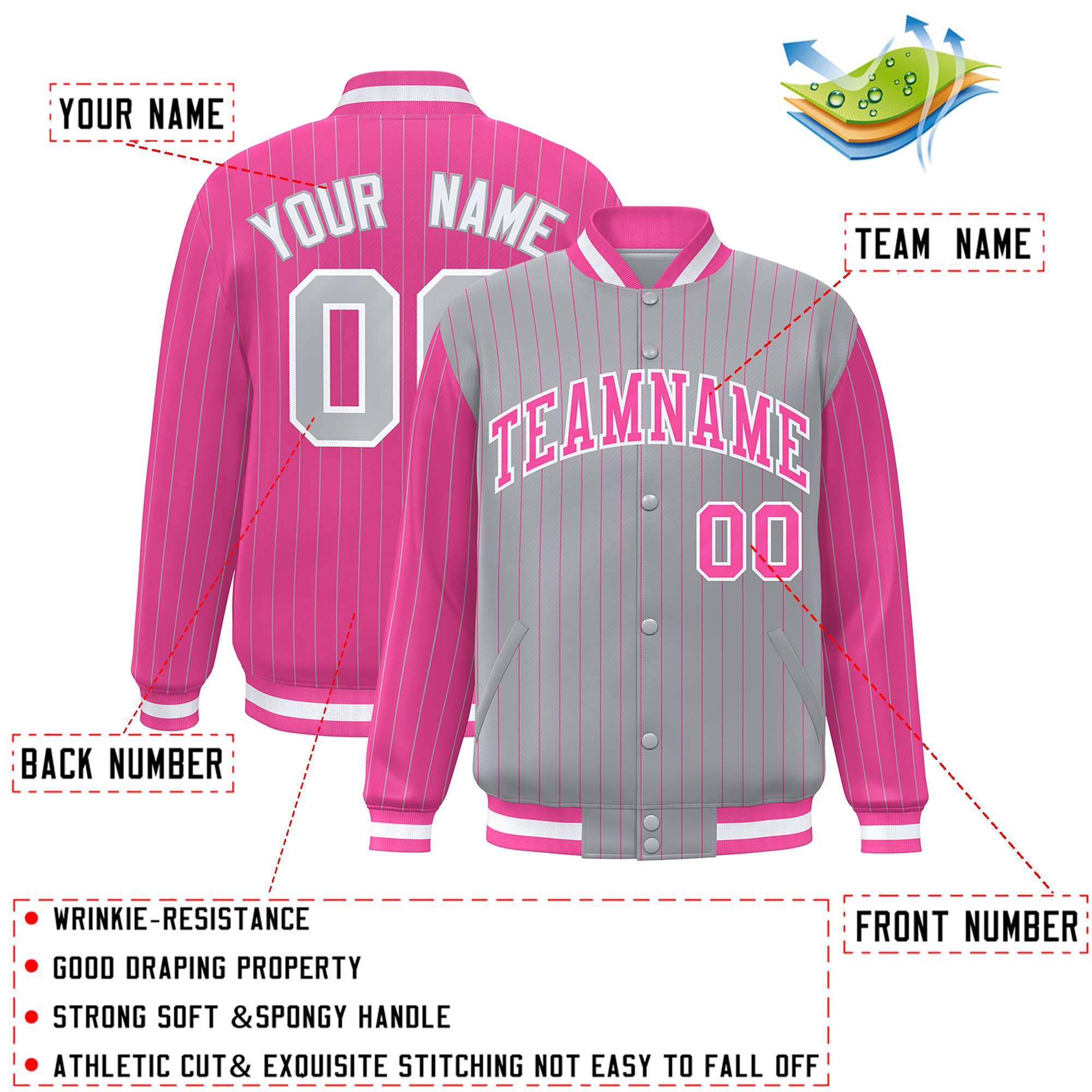 Custom Gray Pink Raglan Sleeves Varsity Full-Snap Pinstripe Letterman Baseball Jacket