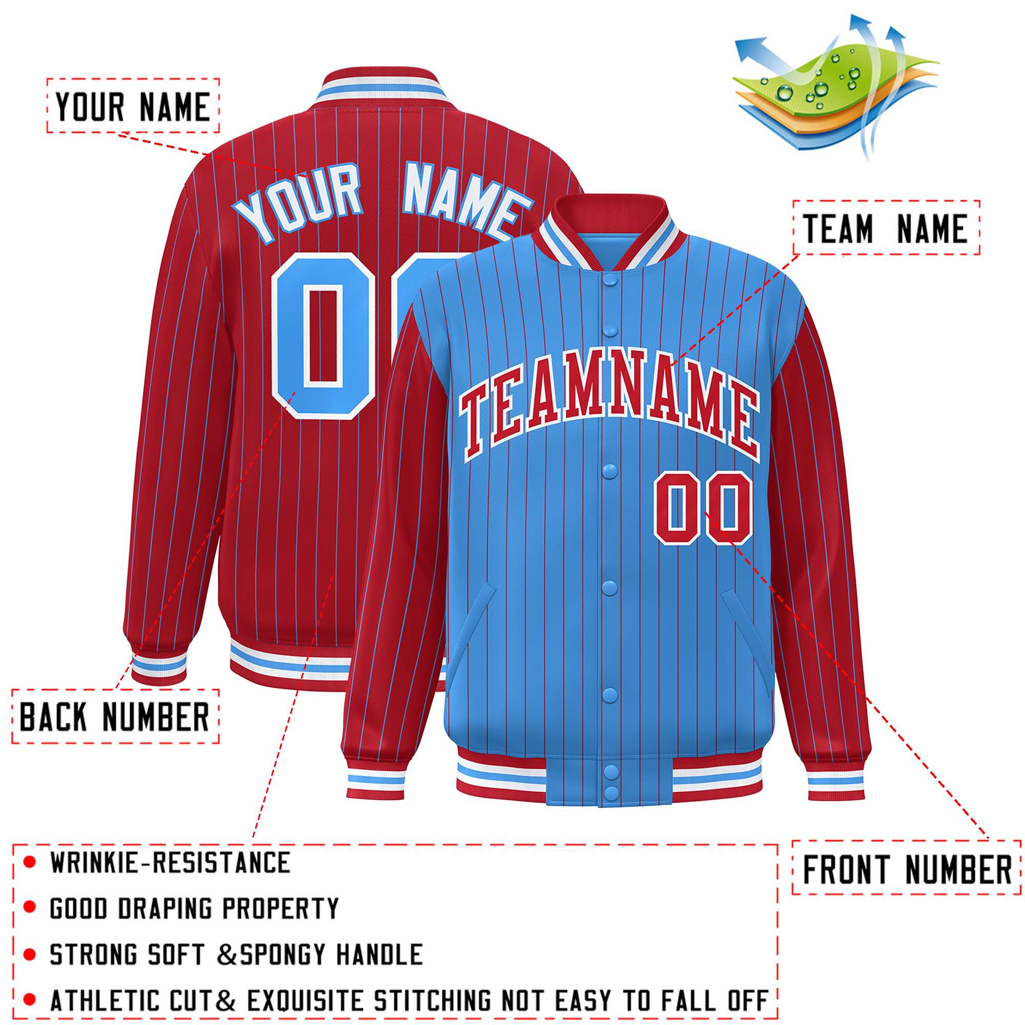 Custom Powder Blue Red Raglan Sleeves Varsity Full-Snap Pinstripe Letterman Baseball Jacket