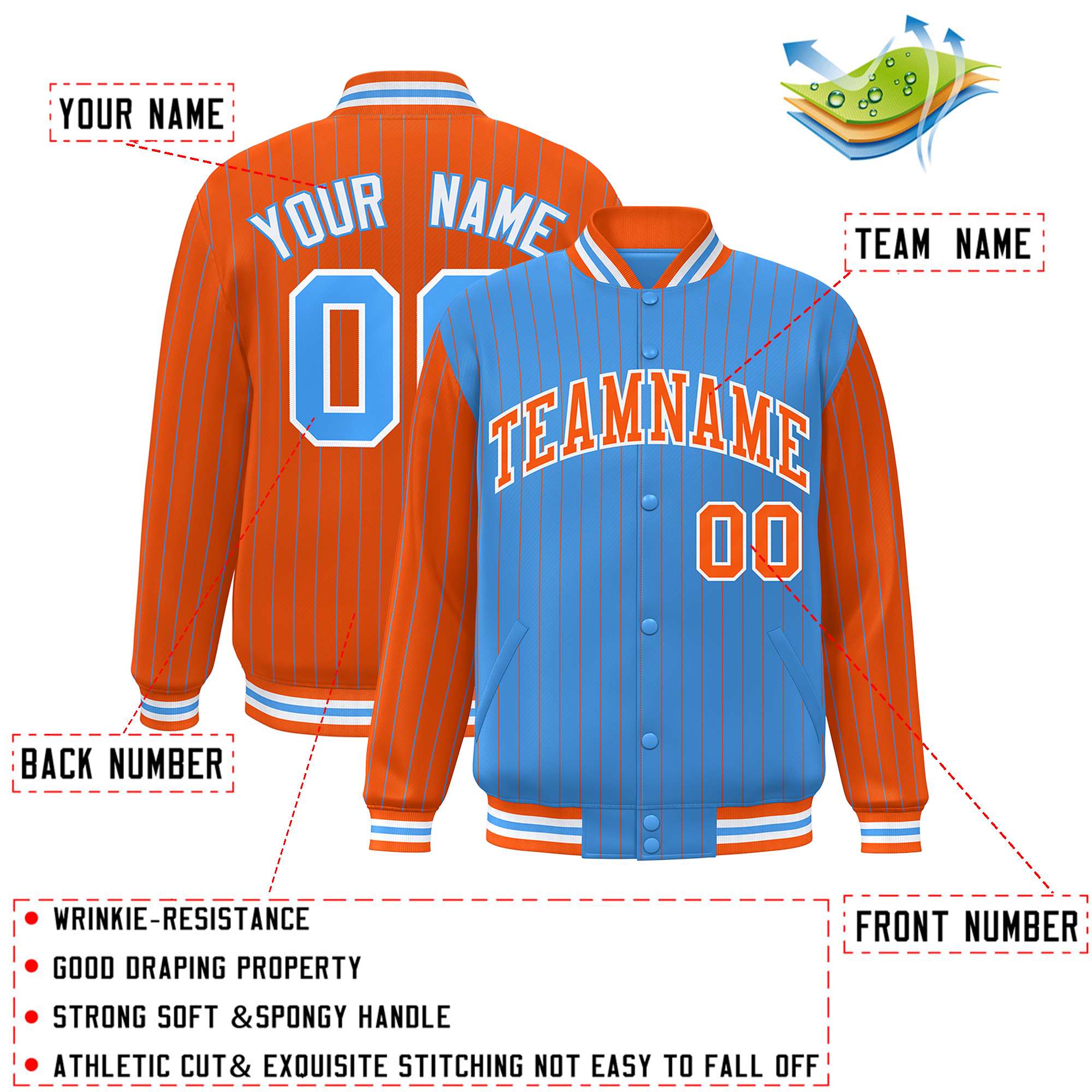 Custom Powder Blue Orange Raglan Sleeves Varsity Full-Snap Pinstripe Letterman Baseball Jacket