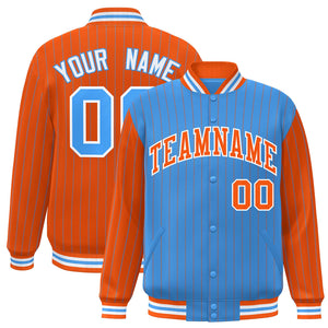 Custom Powder Blue Orange Raglan Sleeves Varsity Full-Snap Pinstripe Letterman Baseball Jacket